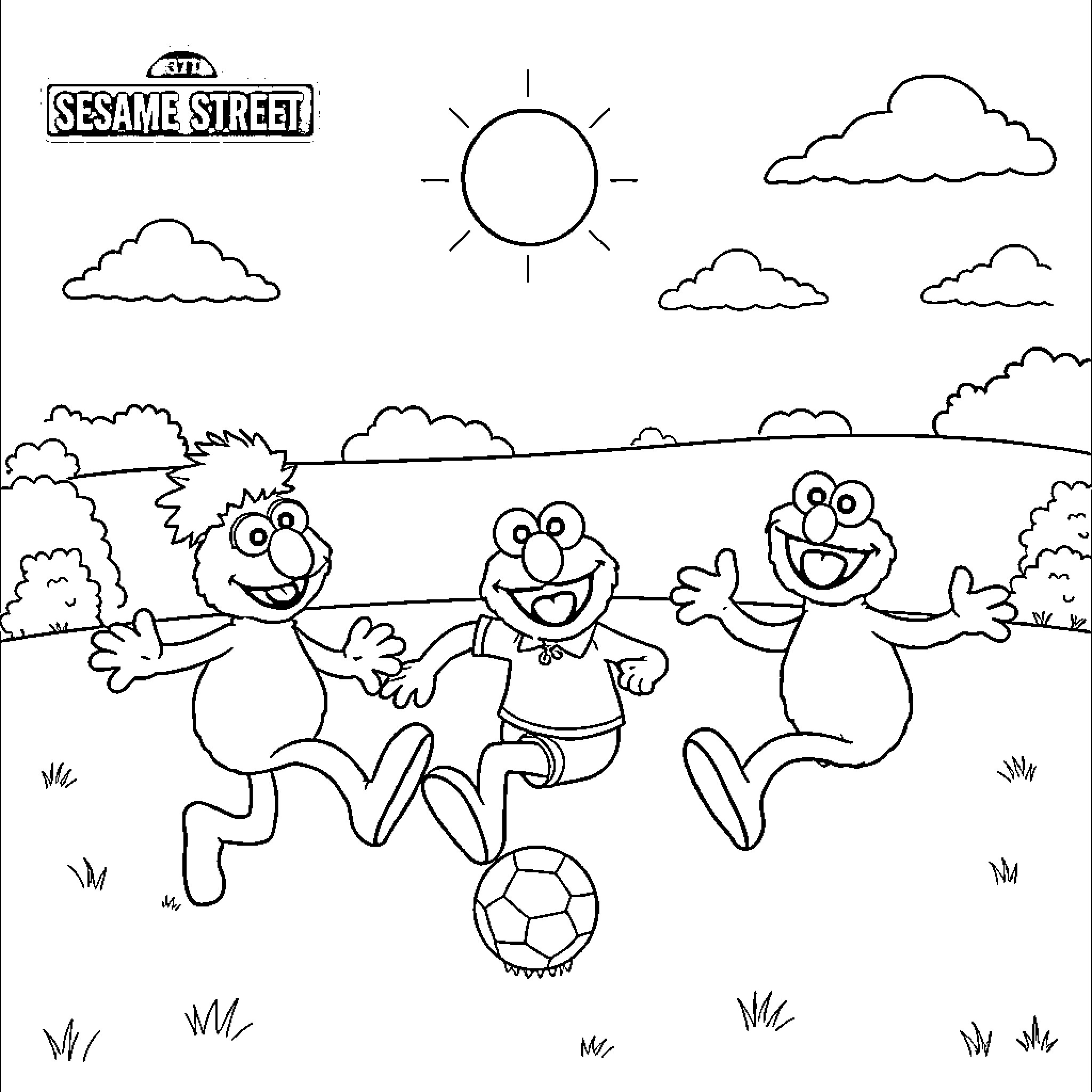 Sesame Street characters playing soccer in the park Coloring Page (free black-and-white line drawing printable PDF for all, from beginners to advanced learners, including children, teens, adults, and seniors)