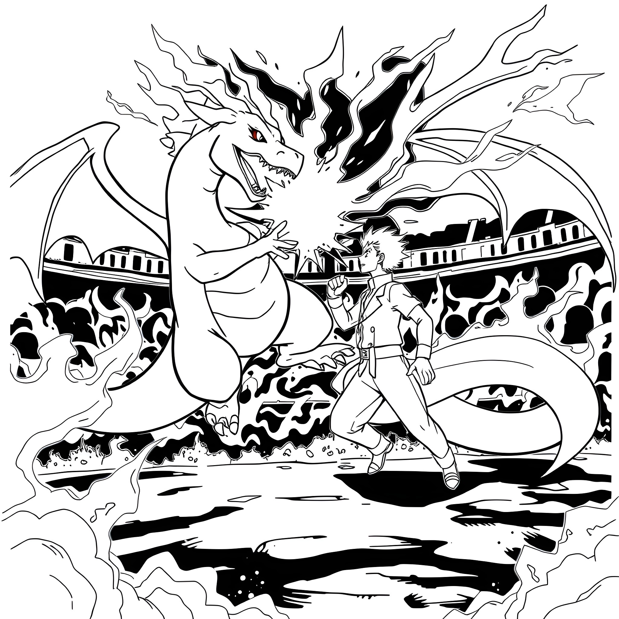Charizard battling with a mysterious opponent in a dramatic scene Coloring Page (free black-and-white line drawing printable PDF for all, from beginners to advanced learners, including children, teens, adults, and seniors)