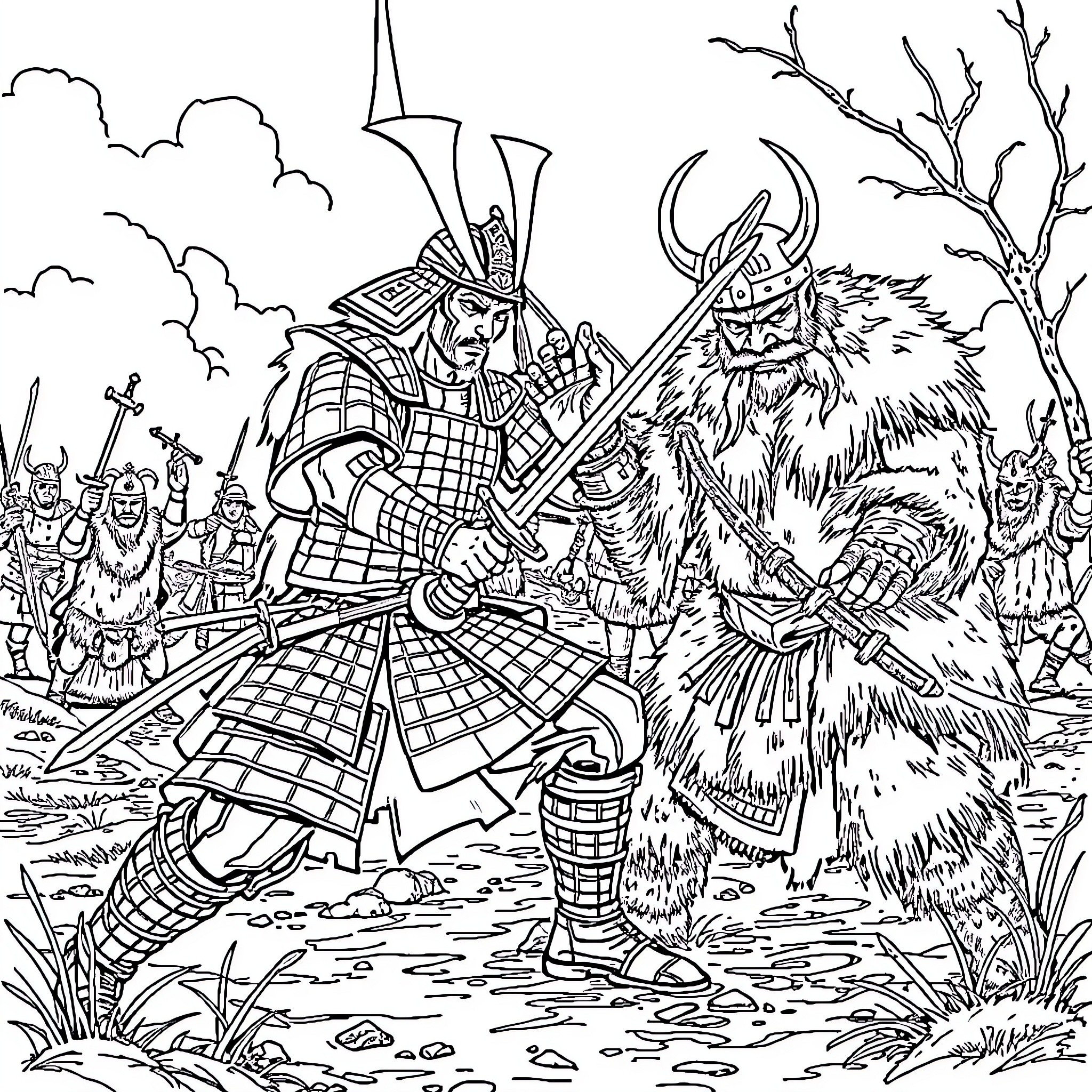 Samurai Warrior Confronting a Fearsome Creature Coloring Page (free black-and-white line drawing printable PDF for all, from beginners to advanced learners, including children, teens, adults, and seniors)
