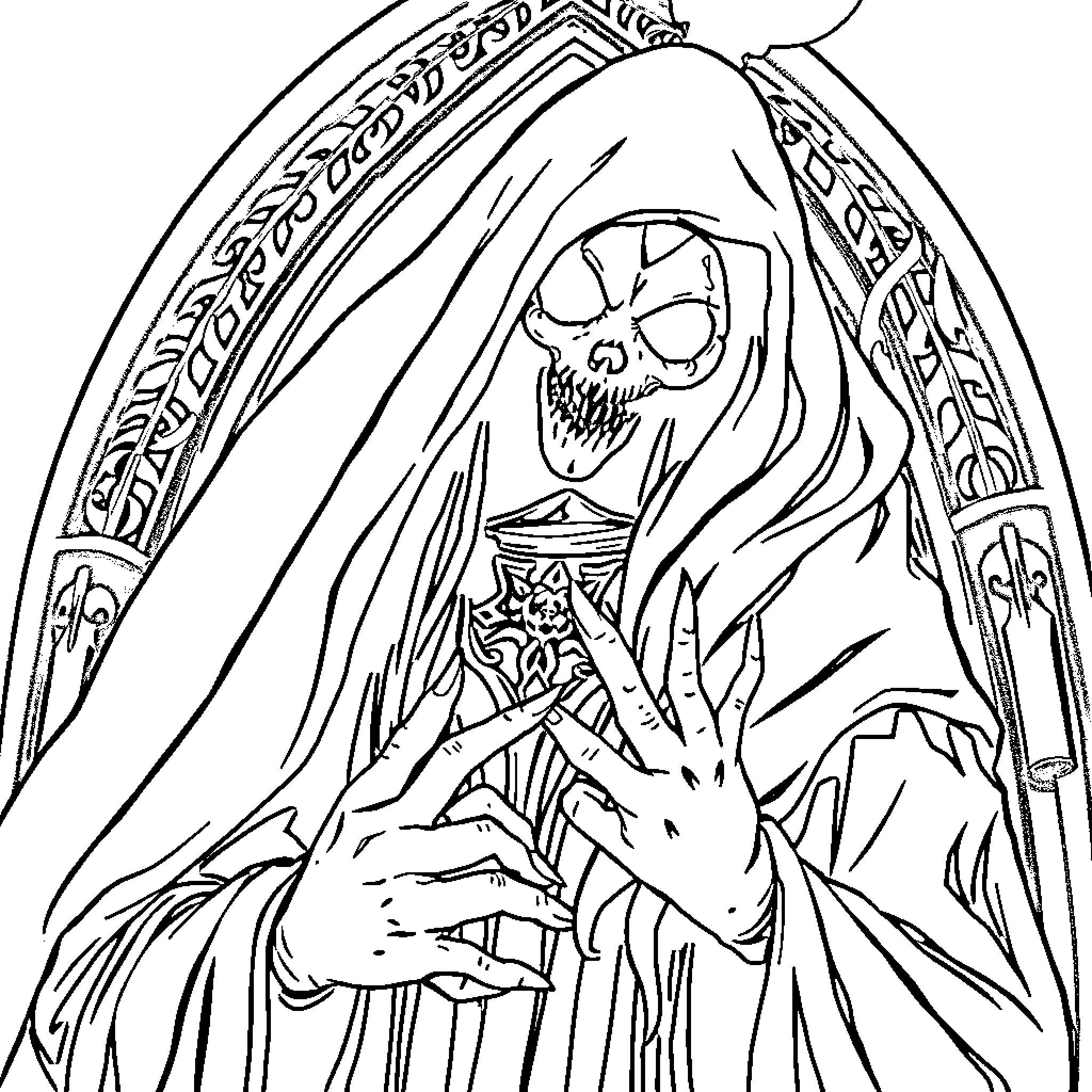 Mercredi - Mysterious robed figure with skeletal visage Coloring Page (free black-and-white line drawing printable PDF for all, from beginners to advanced learners, including children, teens, adults, and seniors)