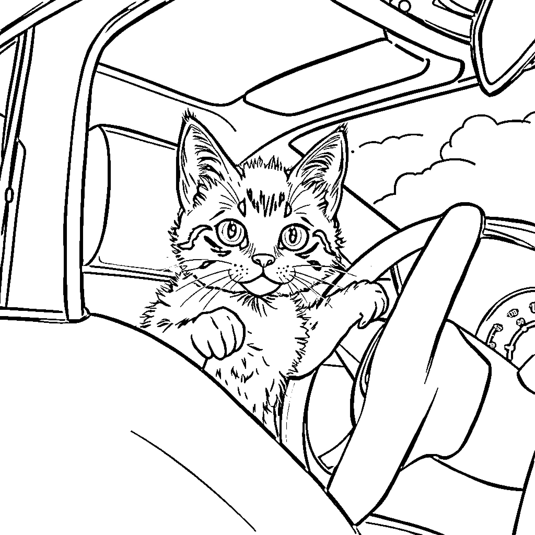 Cat driving a car Coloring Page (free black-and-white line drawing printable PDF for all, from beginners to advanced learners, including children, teens, adults, and seniors)