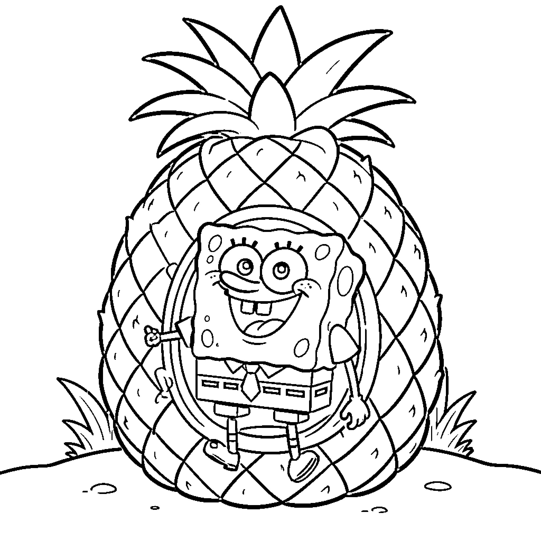 Spongebob smiling happily inside his pineapple house Coloring Page (free black-and-white line drawing printable PDF for all, from beginners to advanced learners, including children, teens, adults, and seniors)
