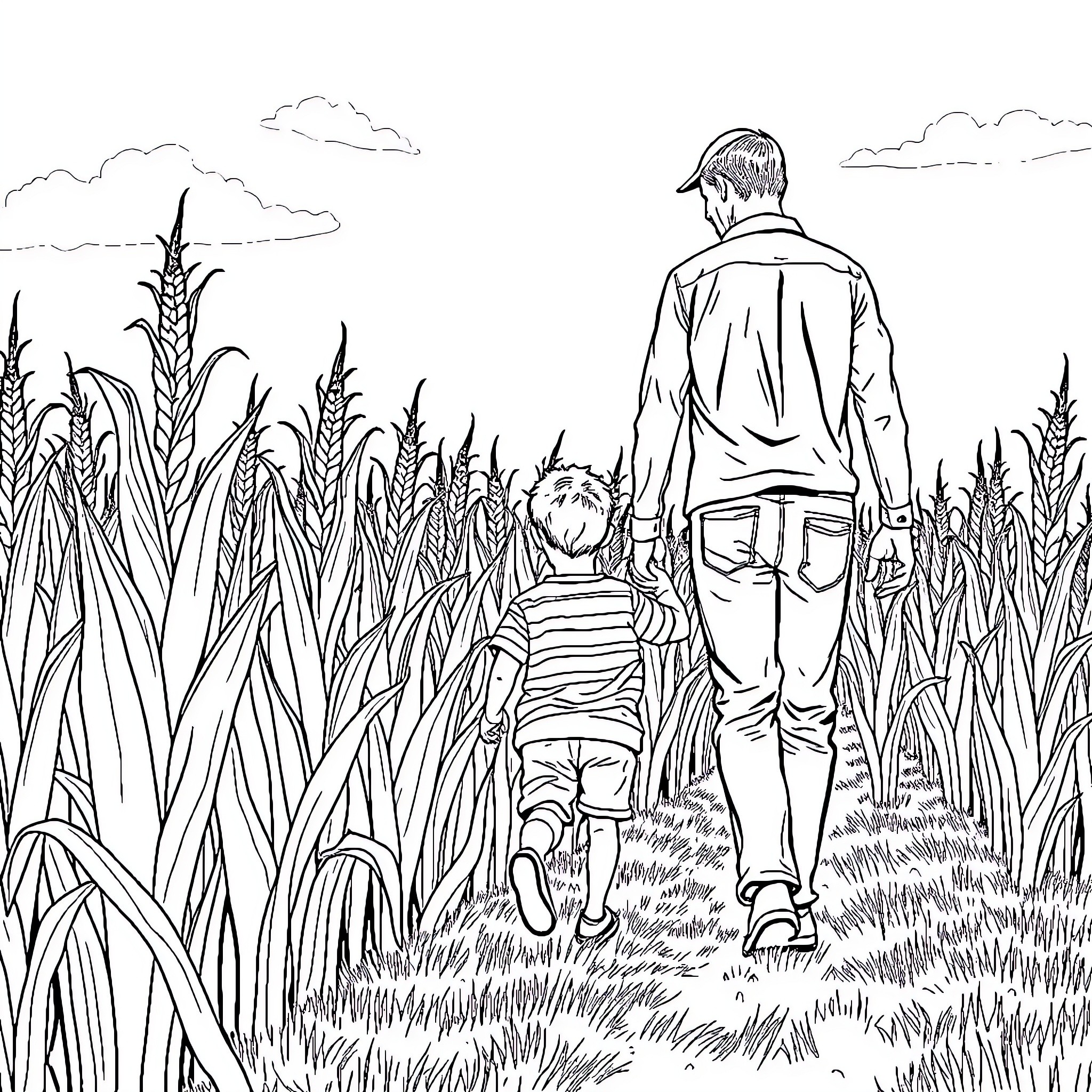 Corn field walk with a father and child Coloring Page (free black-and-white line drawing printable PDF for all, from beginners to advanced learners, including children, teens, adults, and seniors)