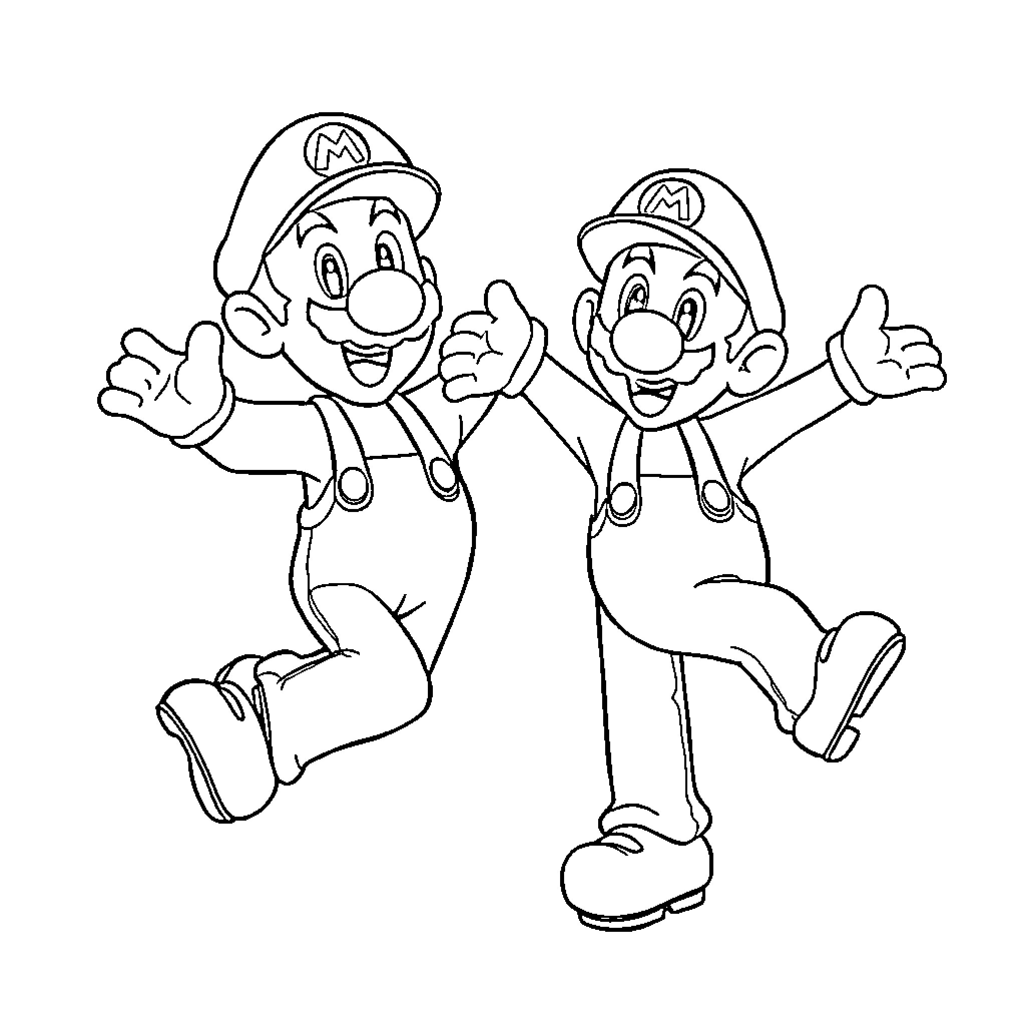 Mario Brothers celebrating with thumbs up Coloring Page (free black-and-white line drawing printable PDF for all, from beginners to advanced learners, including children, teens, adults, and seniors)