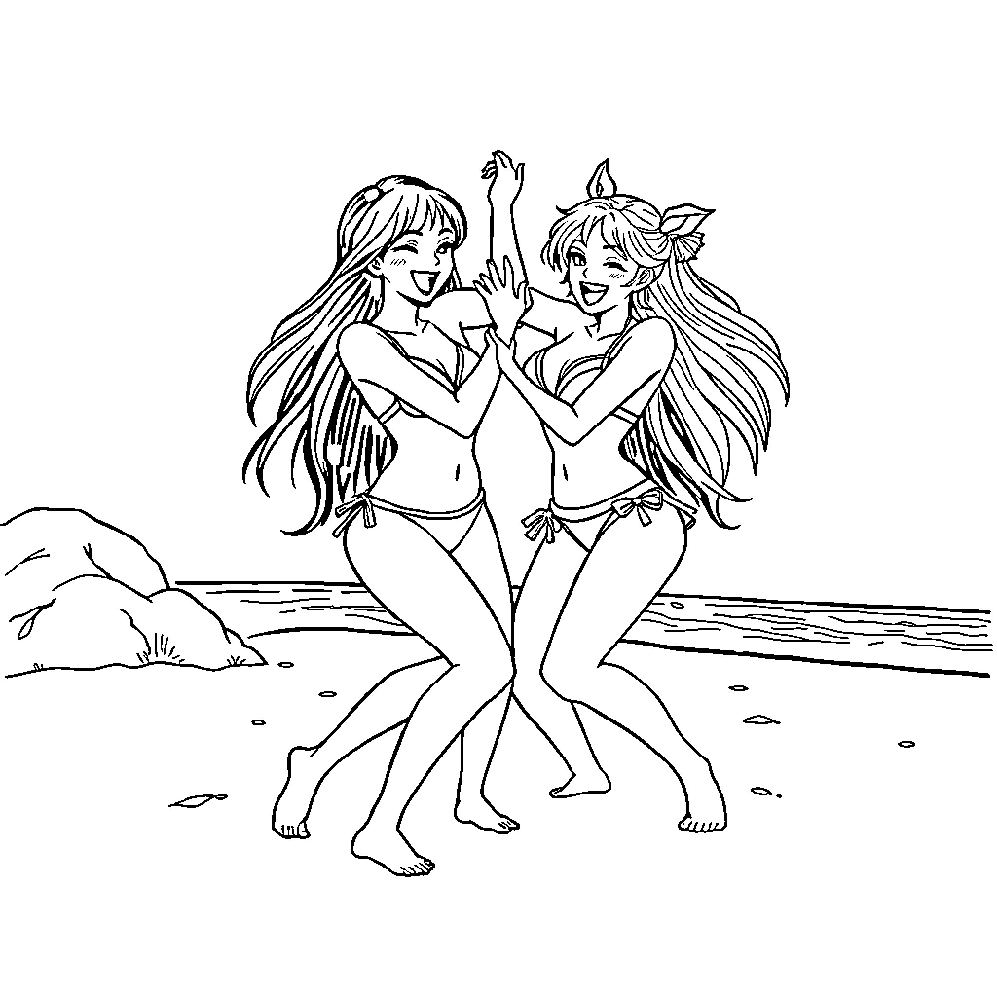 Nami's lively dance with friends on the beach Coloring Page (free black-and-white line drawing printable PDF for all, from beginners to advanced learners, including children, teens, adults, and seniors)