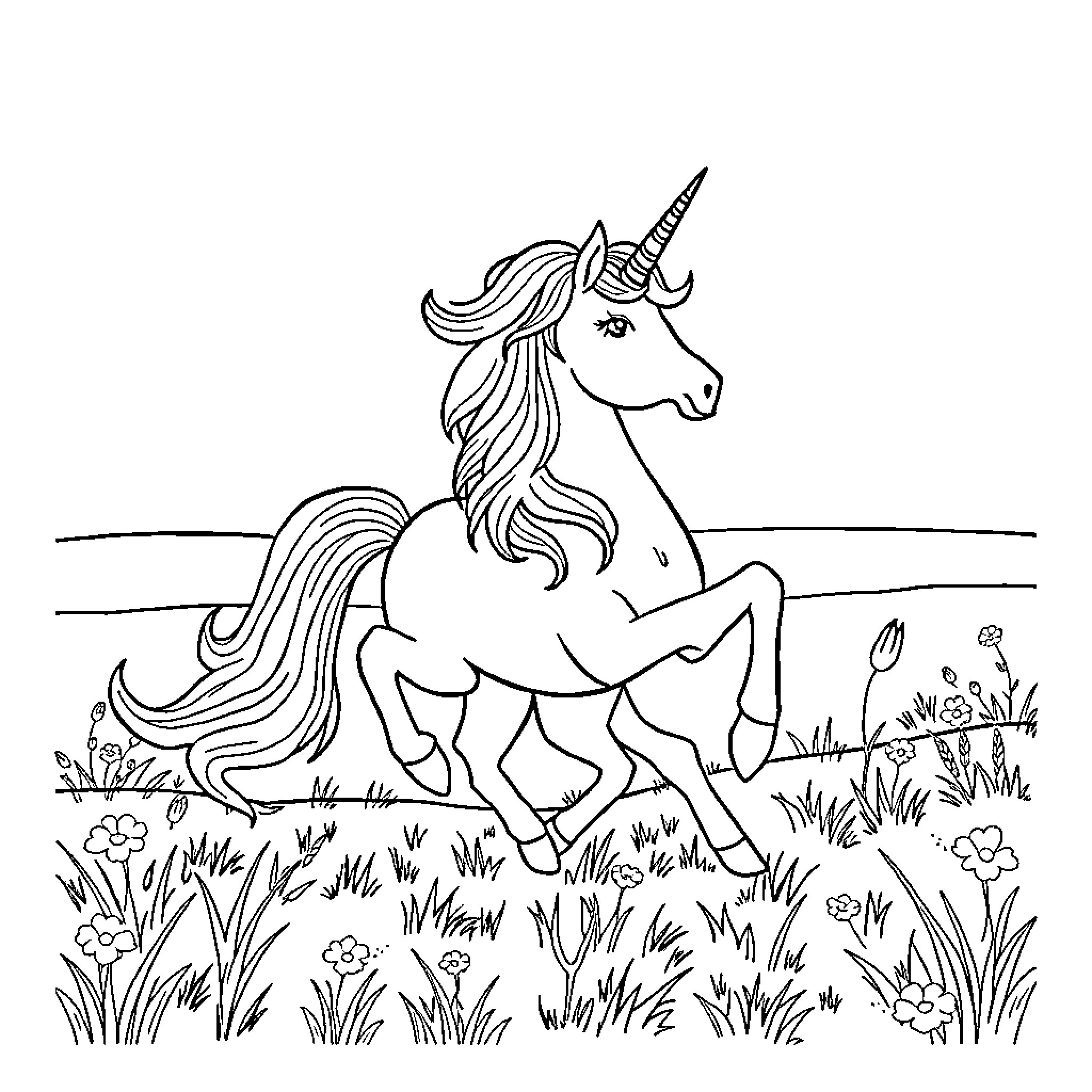 Unicorn galloping through a meadow Coloring Page (free black-and-white line drawing printable PDF for all, from beginners to advanced learners, including children, teens, adults, and seniors)