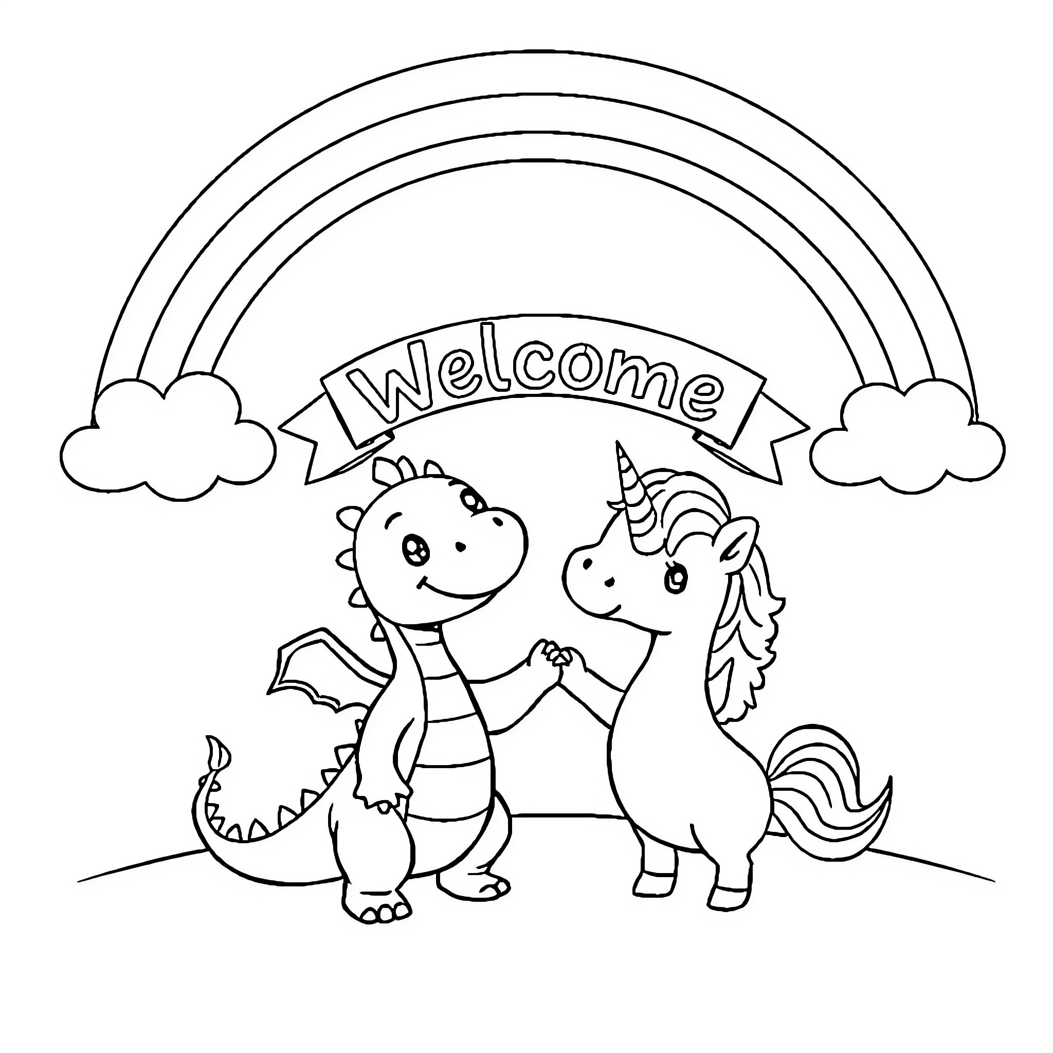 Dragon friends welcome with rainbow Coloring Page (free black-and-white line drawing printable PDF for all, from beginners to advanced learners, including children, teens, adults, and seniors)