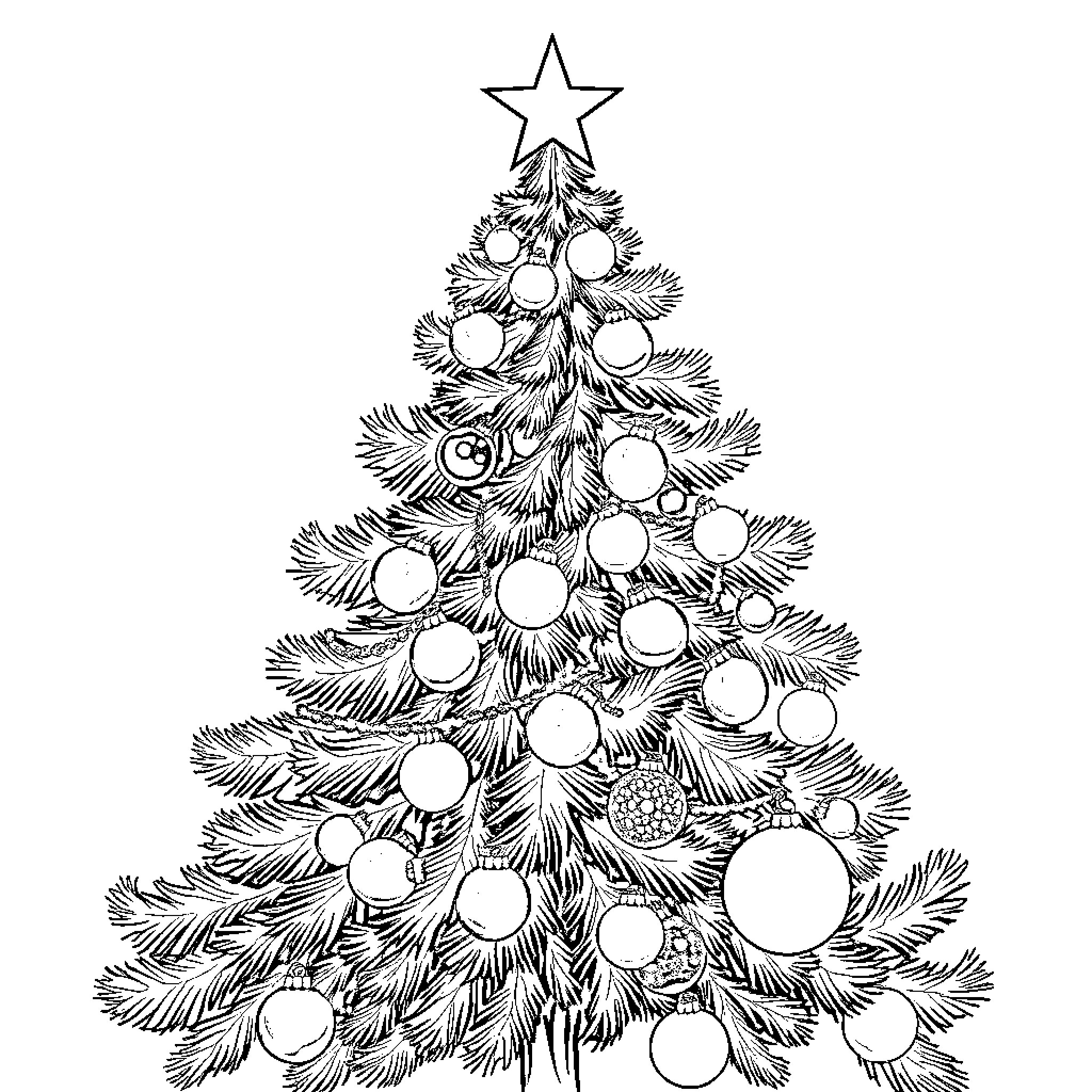 Christmas Tree with Decorative Ornaments Coloring Page (free black-and-white line drawing printable PDF for all, from beginners to advanced learners, including children, teens, adults, and seniors)