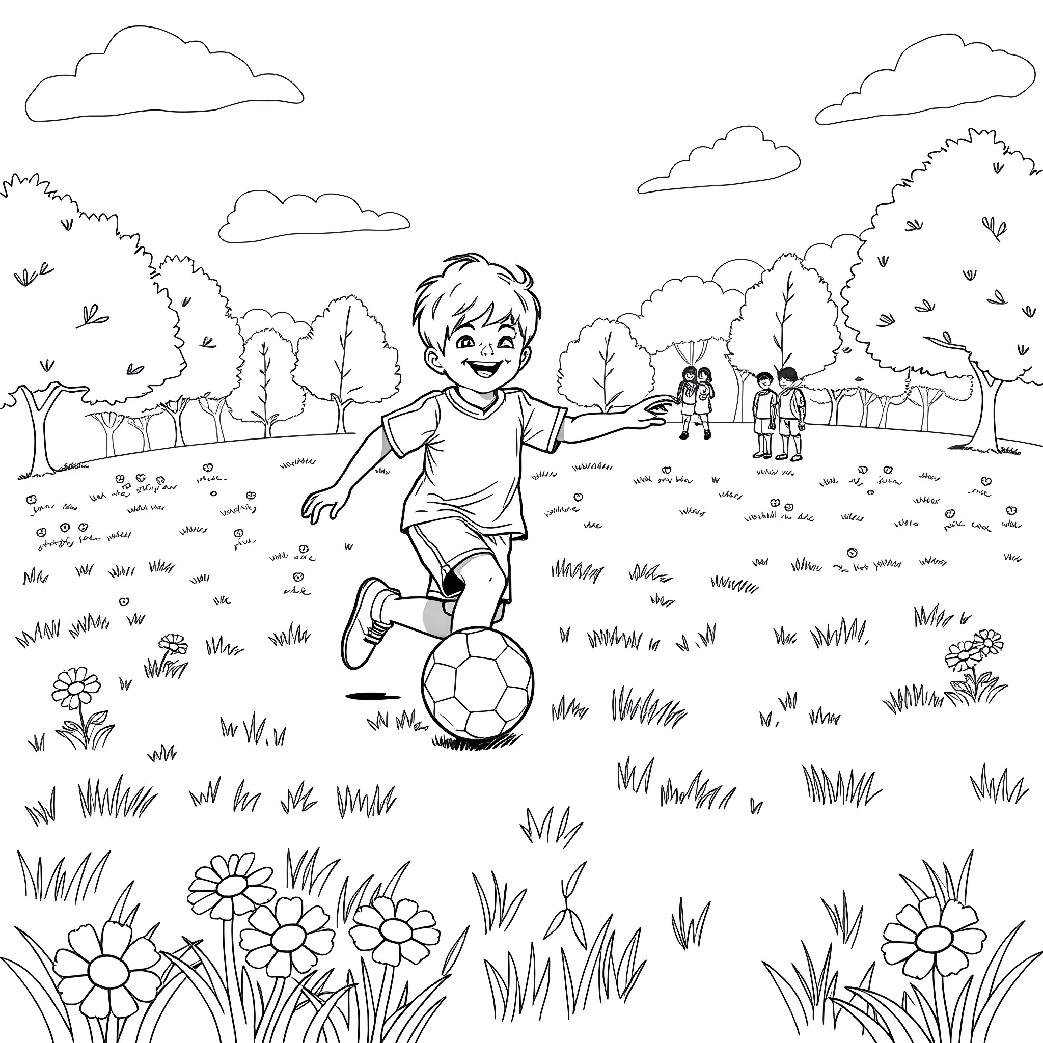 Kid playing with soccer ball in grassy field Coloring Page (free black-and-white line drawing printable PDF for all, from beginners to advanced learners, including children, teens, adults, and seniors)