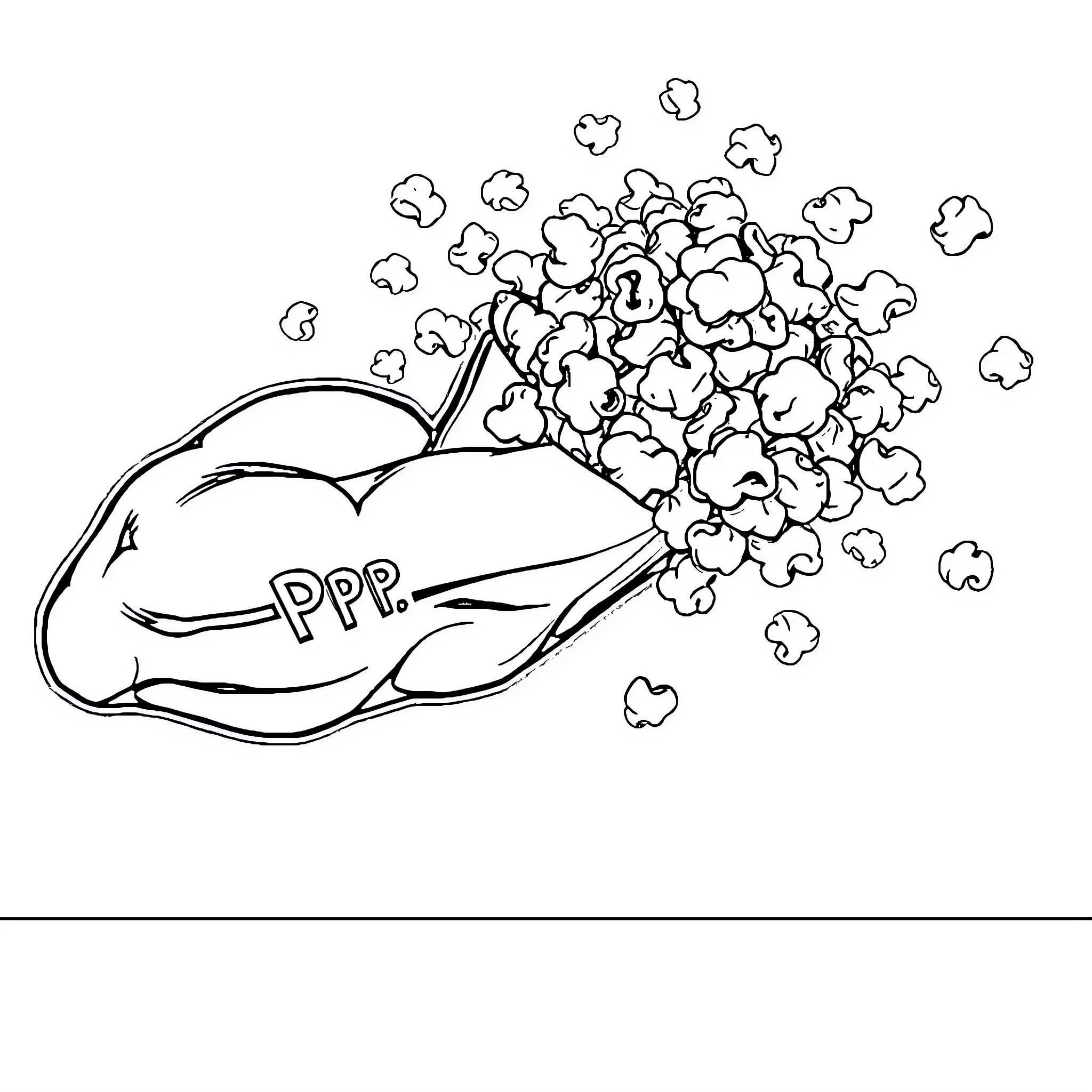 Popcorn explosion from a bag Coloring Page (free black-and-white line drawing printable PDF for all, from beginners to advanced learners, including children, teens, adults, and seniors)