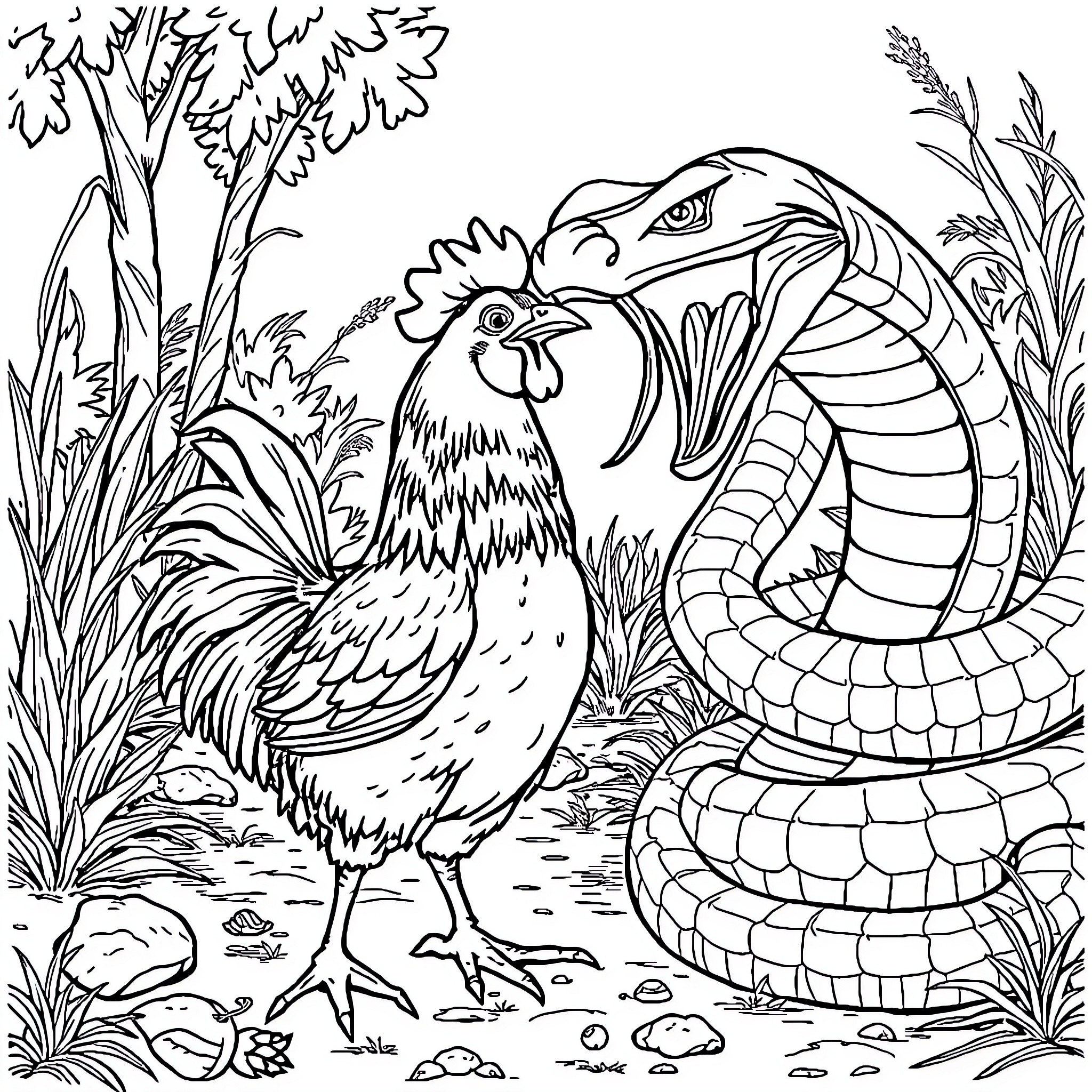 Chicken and snake in the wild Coloring Page (free black-and-white line drawing printable PDF for all, from beginners to advanced learners, including children, teens, adults, and seniors)