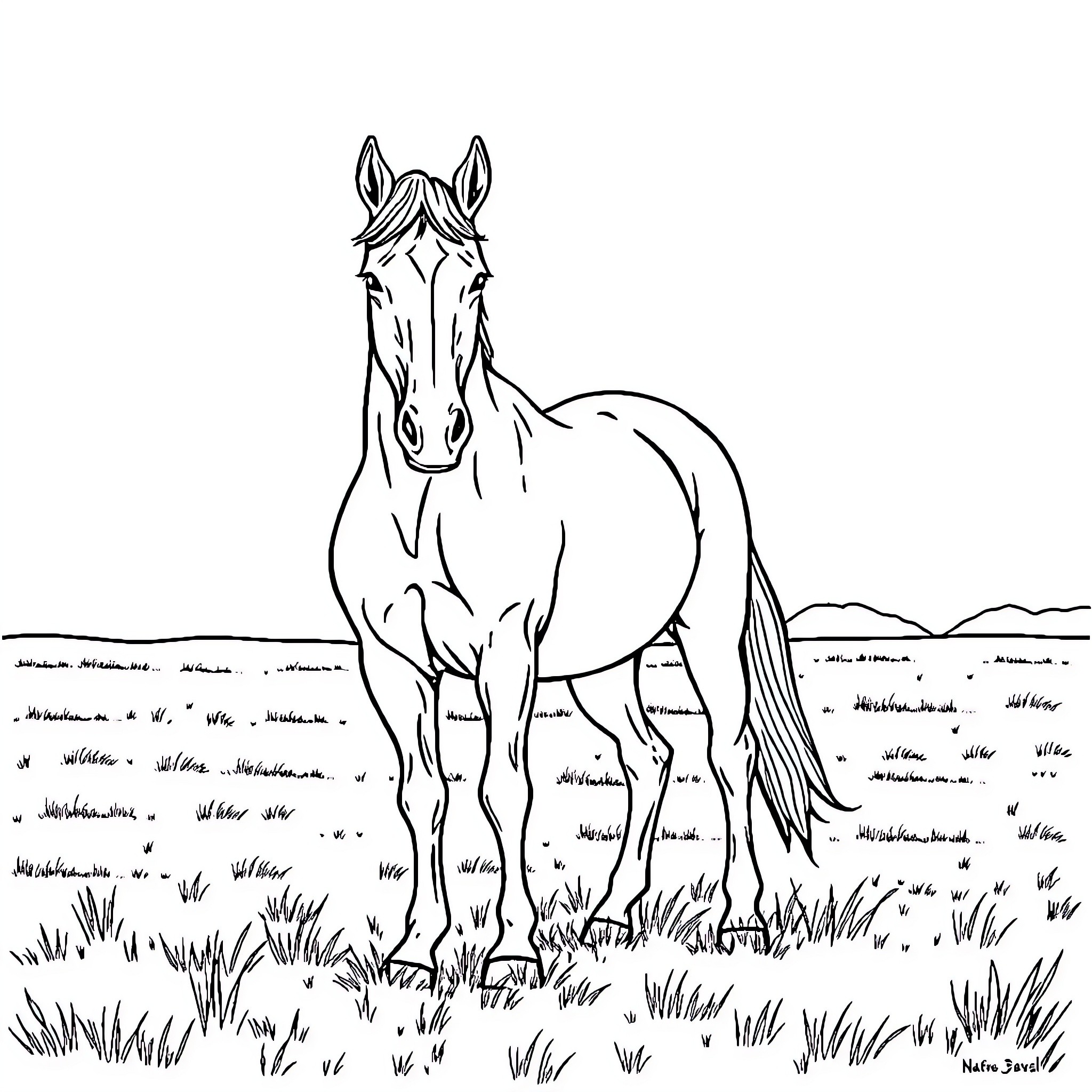 Horse standing in a grassy field Coloring Page (free black-and-white line drawing printable PDF for all, from beginners to advanced learners, including children, teens, adults, and seniors)