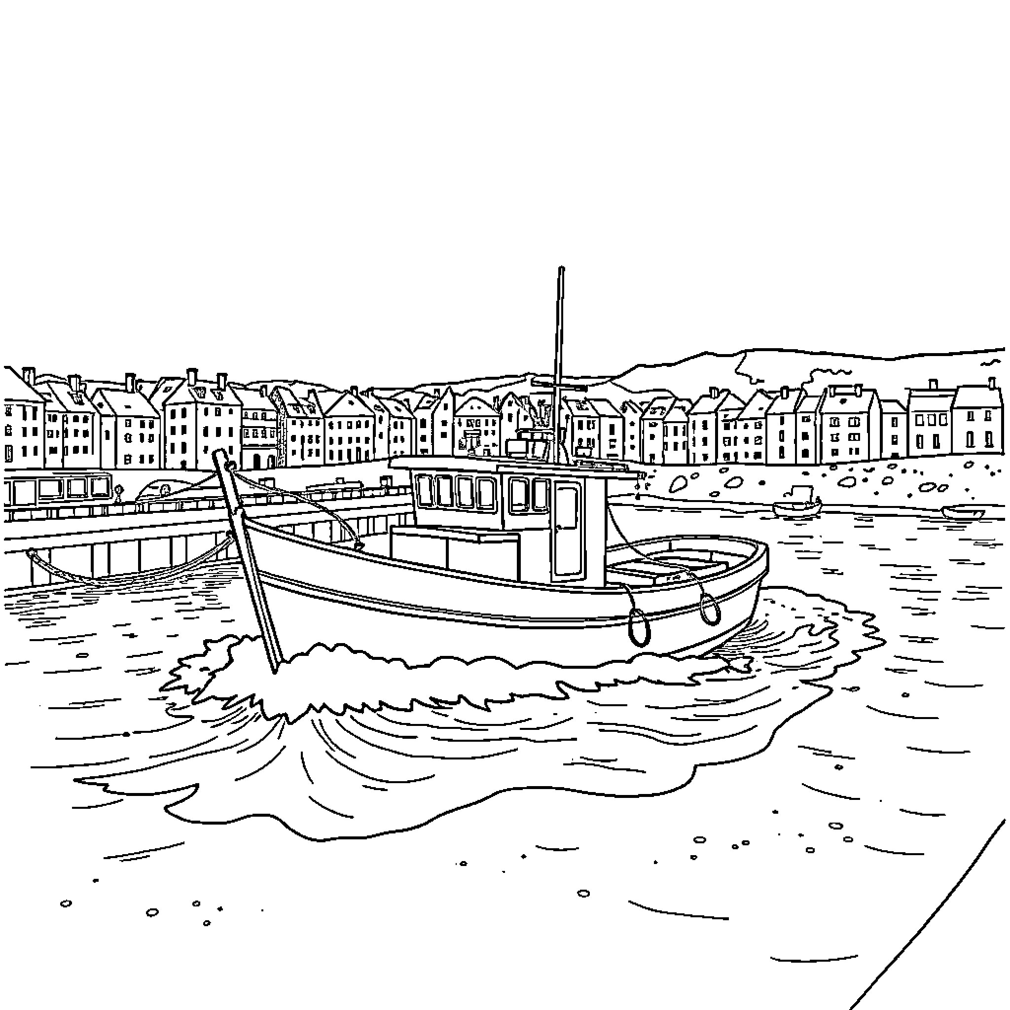 Bateau Sailing Along the Harbor with Buildings Coloring Page (free black-and-white line drawing printable PDF for all, from beginners to advanced learners, including children, teens, adults, and seniors)