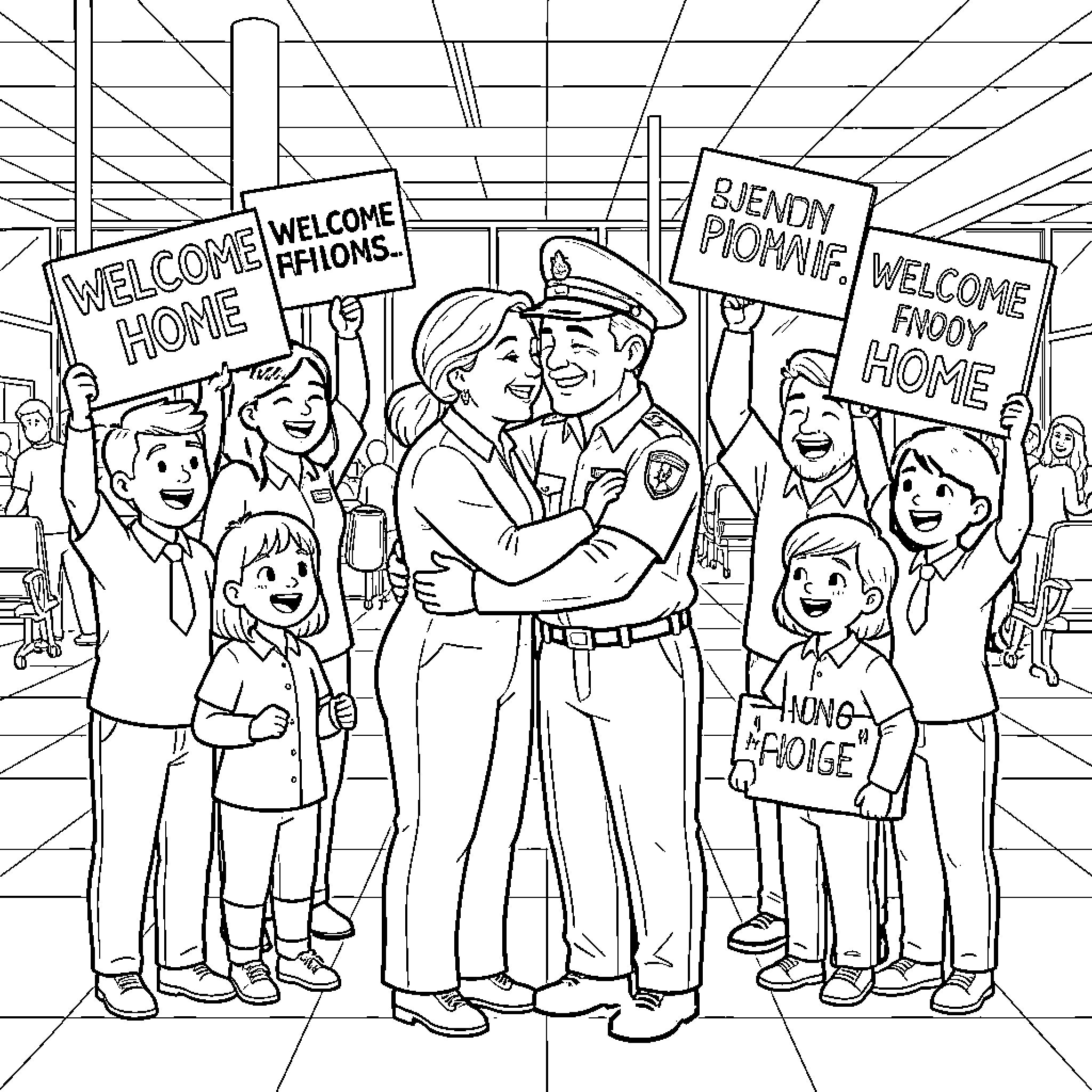 Missionary families celebrating a joyful homecoming with signs Coloring Page (free black-and-white line drawing printable PDF for all, from beginners to advanced learners, including children, teens, adults, and seniors)
