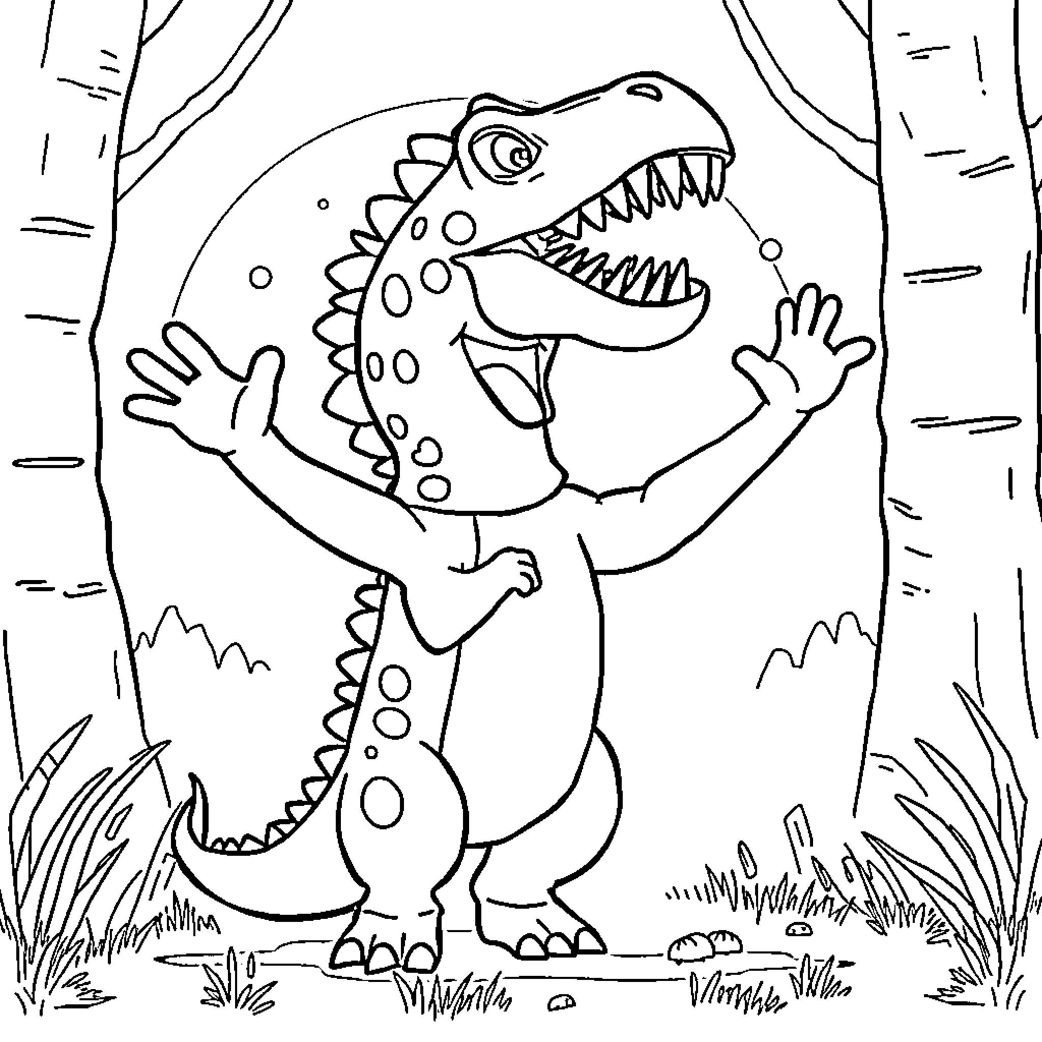 Bluey's Playful Encounter with a Friendly Dinosaur Coloring Page (free black-and-white line drawing printable PDF for all, from beginners to advanced learners, including children, teens, adults, and seniors)