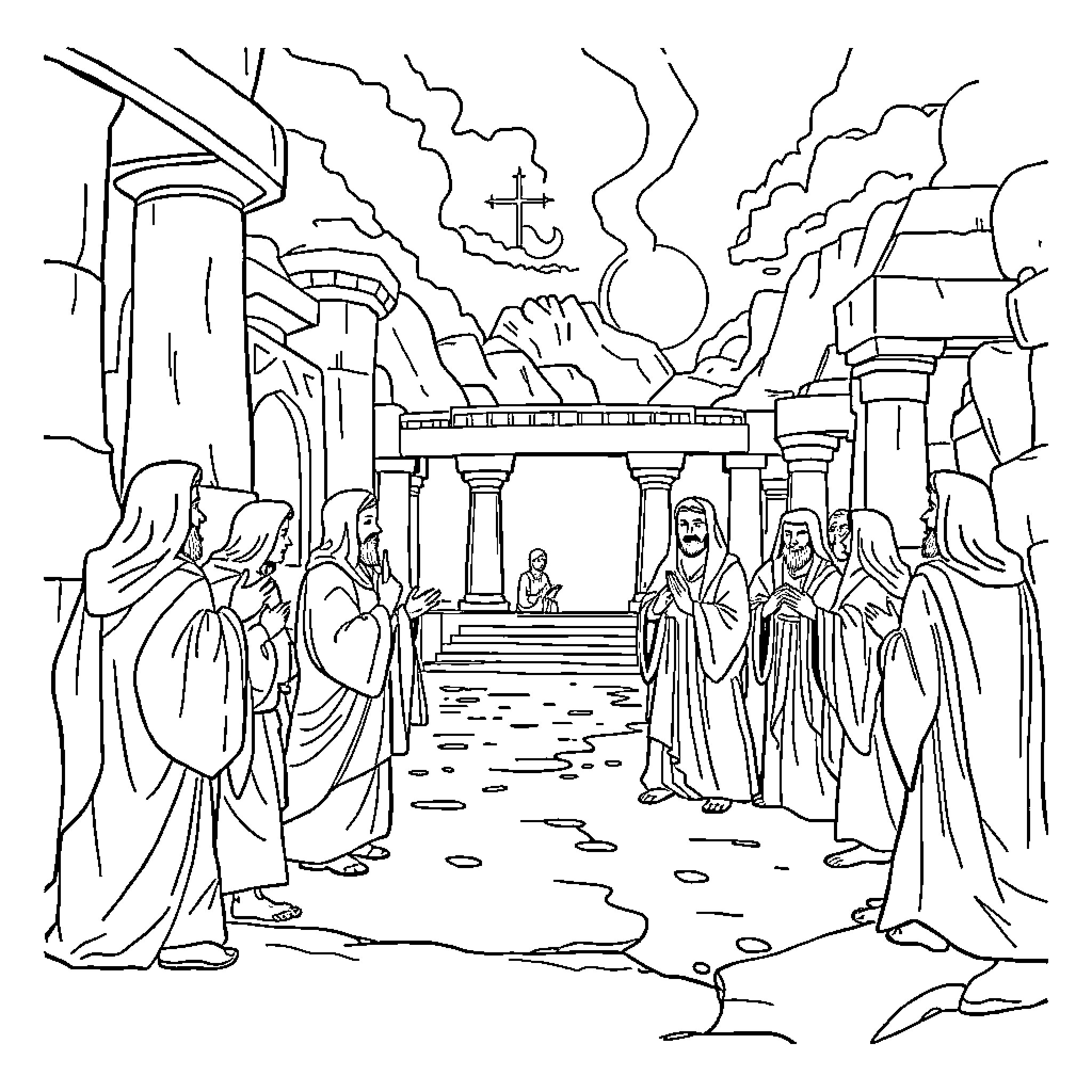 Bible scene with religious figures in temple Coloring Page (free black-and-white line drawing printable PDF for all, from beginners to advanced learners, including children, teens, adults, and seniors)