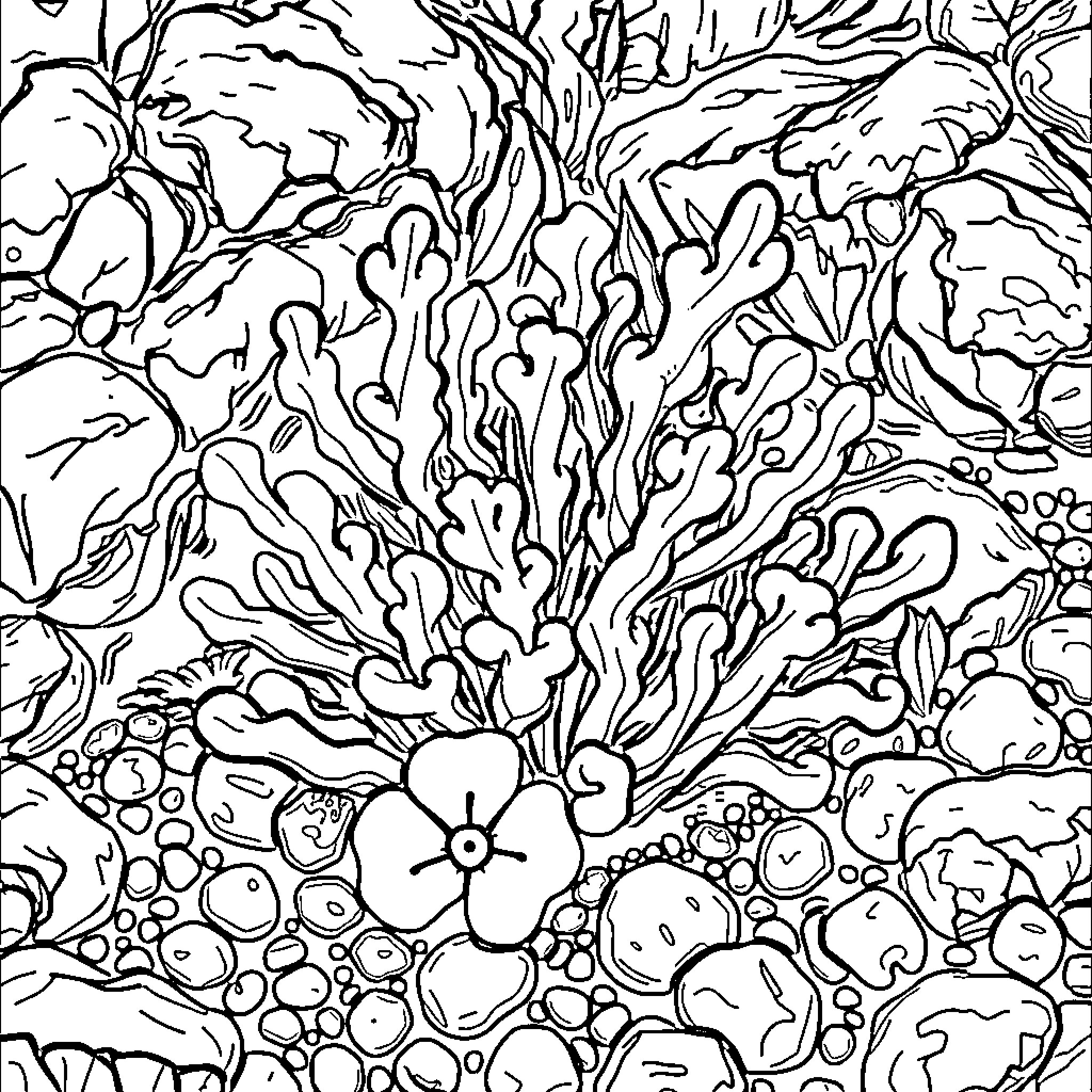 Algae Flourishing in Underwater Wonderland Coloring Page (free black-and-white line drawing printable PDF for all, from beginners to advanced learners, including children, teens, adults, and seniors)