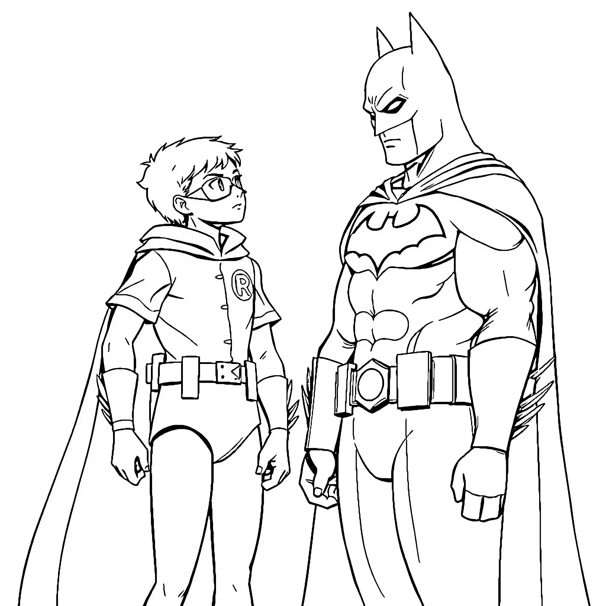 Robin and the Caped Crusader in action Coloring Page (free black-and-white line drawing printable PDF for all, from beginners to advanced learners, including children, teens, adults, and seniors)