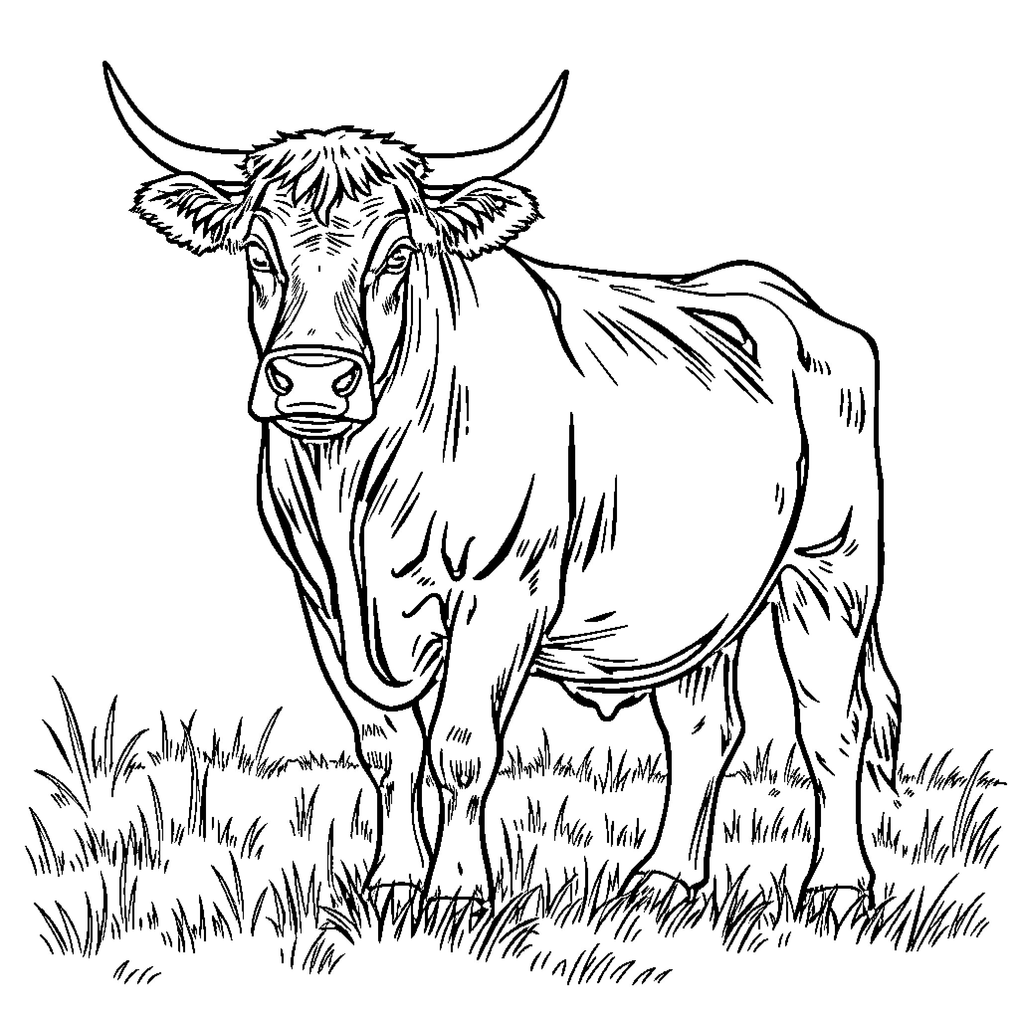 Bull standing in grassy field Coloring Page (free black-and-white line drawing printable PDF for all, from beginners to advanced learners, including children, teens, adults, and seniors)