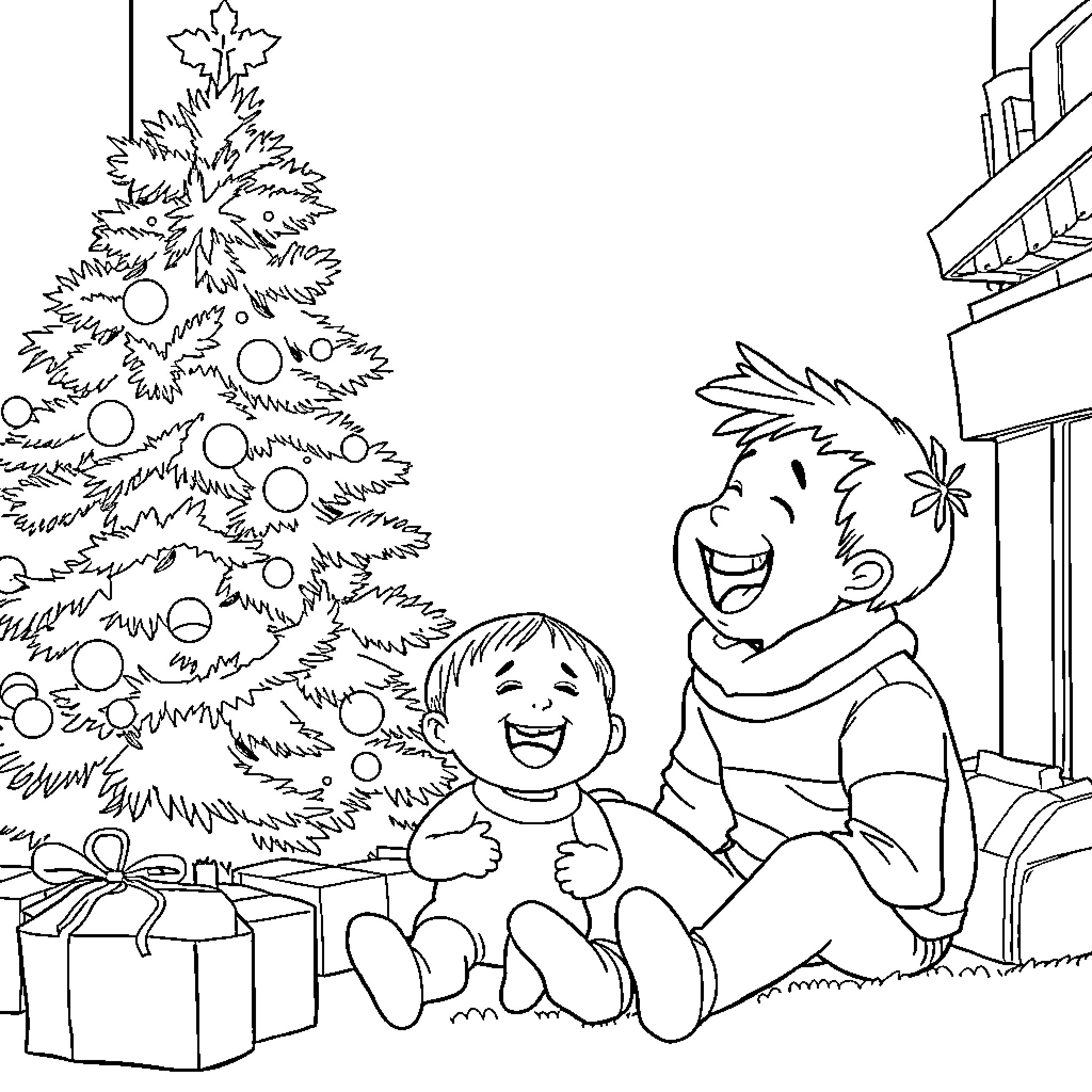Christmas joy with children playing by the tree Coloring Page (free black-and-white line drawing printable PDF for all, from beginners to advanced learners, including children, teens, adults, and seniors)
