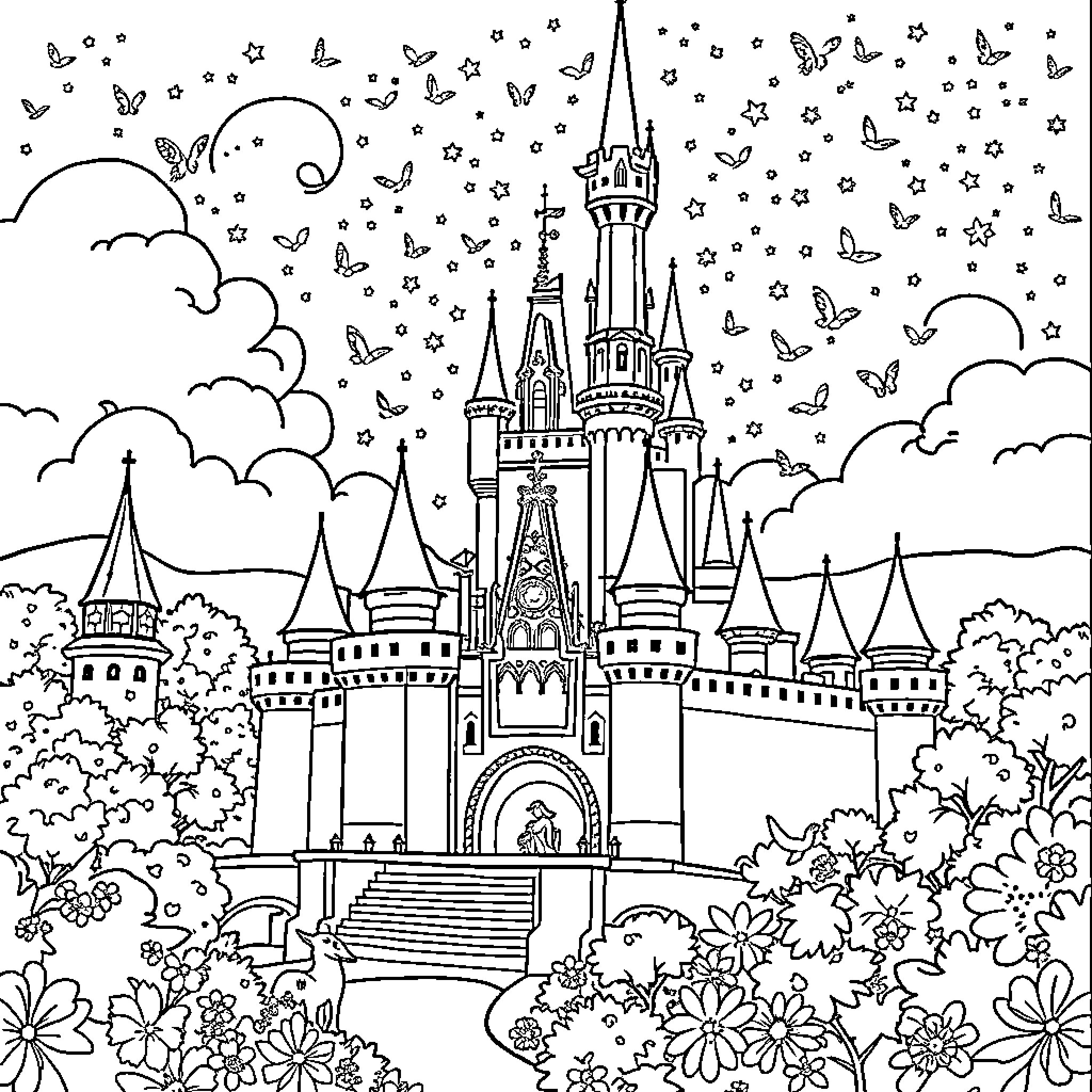 Disney Castle with Butterflies and Flowers Coloring Page (free black-and-white line drawing printable PDF for all, from beginners to advanced learners, including children, teens, adults, and seniors)