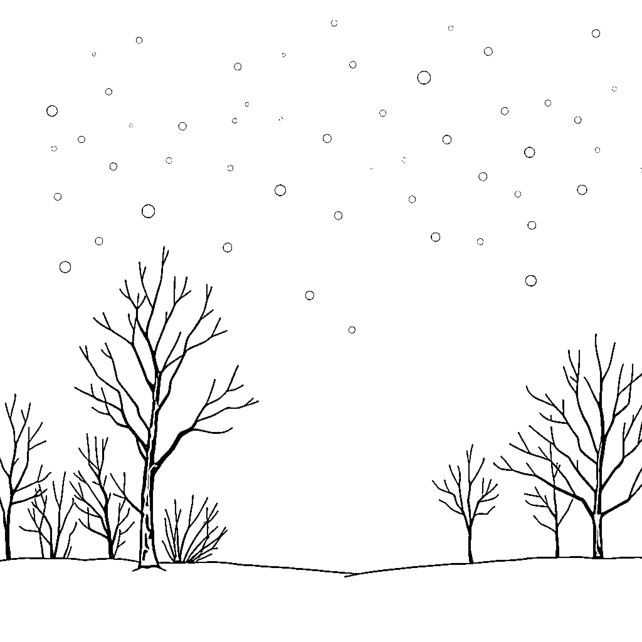 November Snowfall Amidst Bare Trees Coloring Page (free black-and-white line drawing printable PDF for all, from beginners to advanced learners, including children, teens, adults, and seniors)