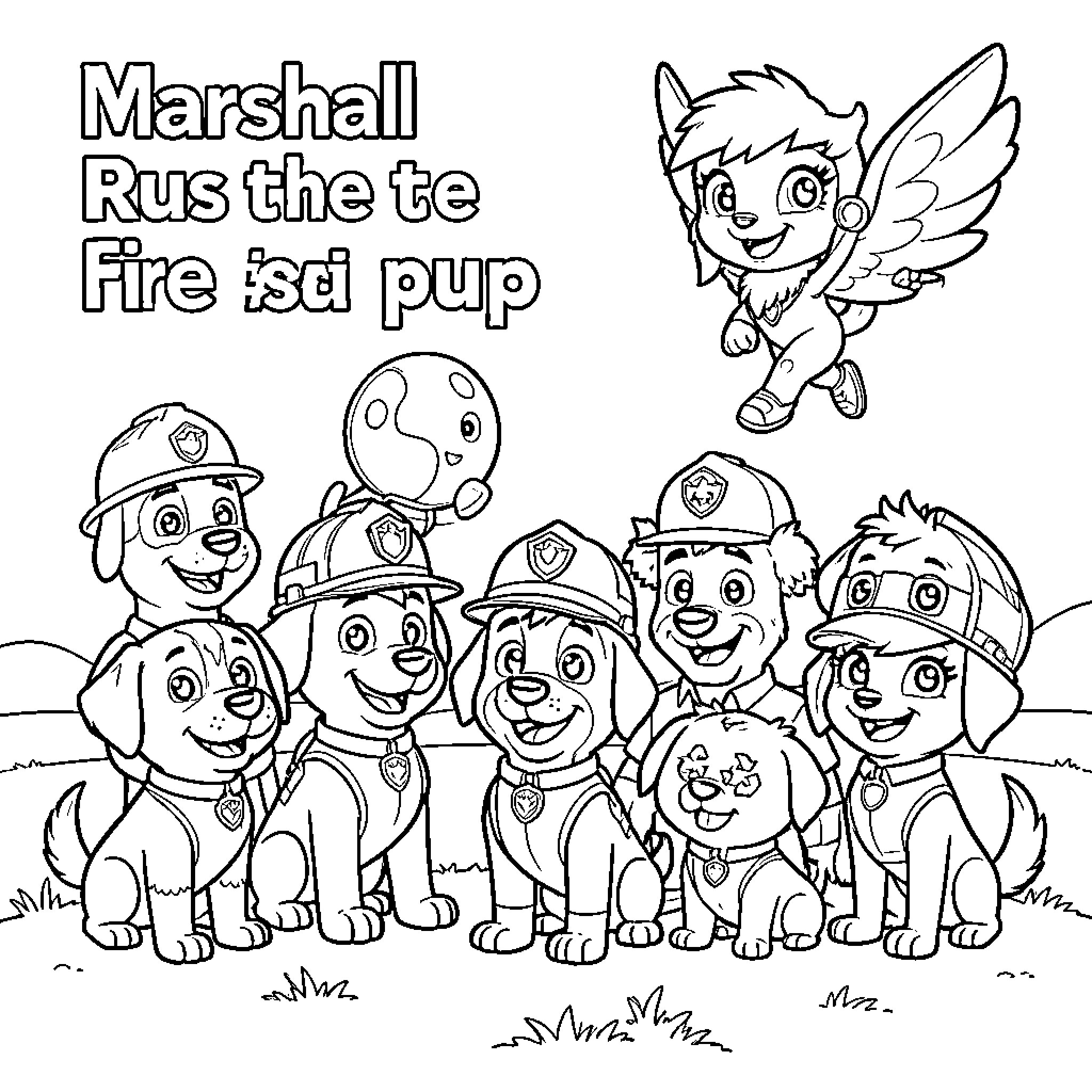 Paw Patrol pups smiling together in a group scene Coloring Page (free black-and-white line drawing printable PDF for all, from beginners to advanced learners, including children, teens, adults, and seniors)