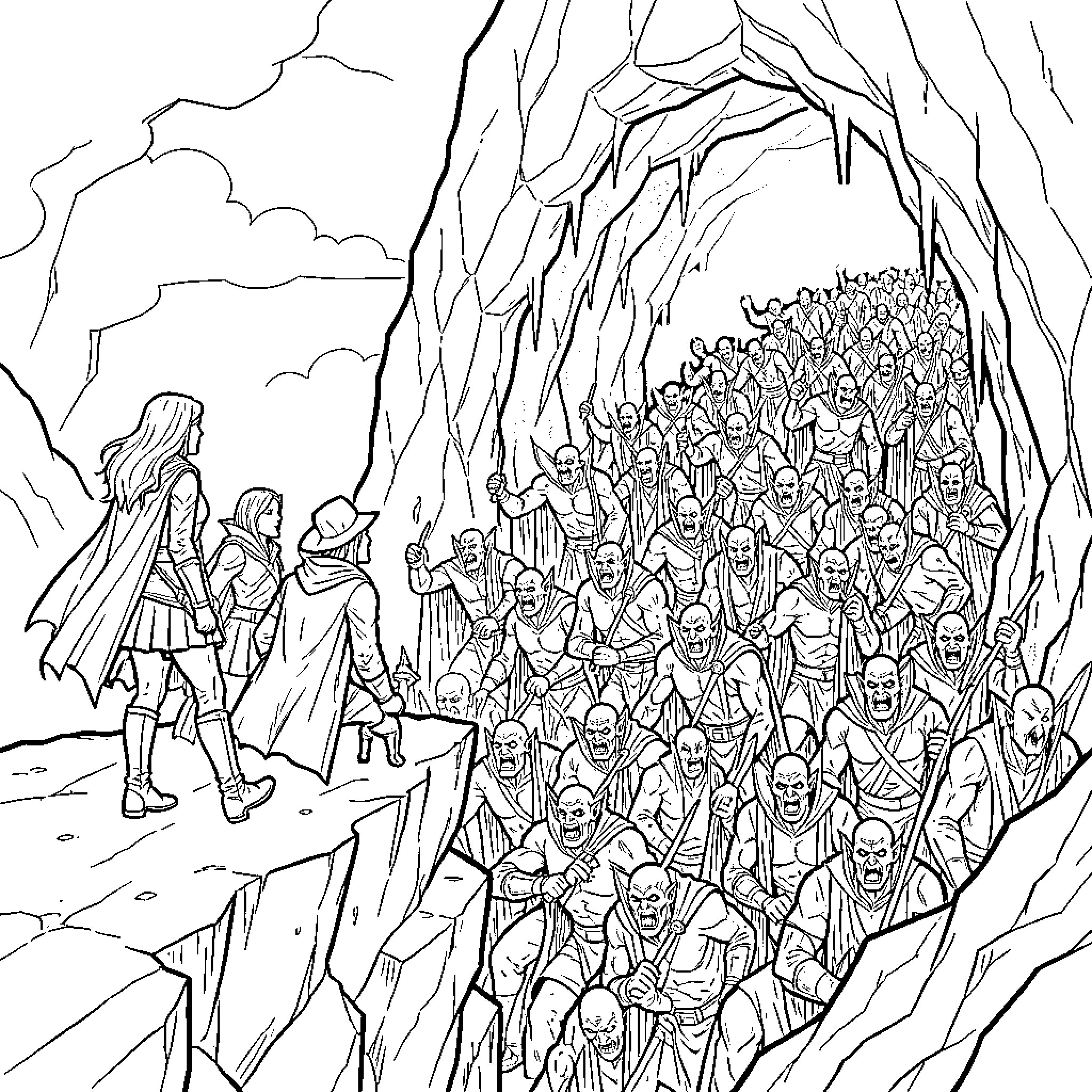 Cazadora: Multitude emerging from the cave Coloring Page (free black-and-white line drawing printable PDF for all, from beginners to advanced learners, including children, teens, adults, and seniors)