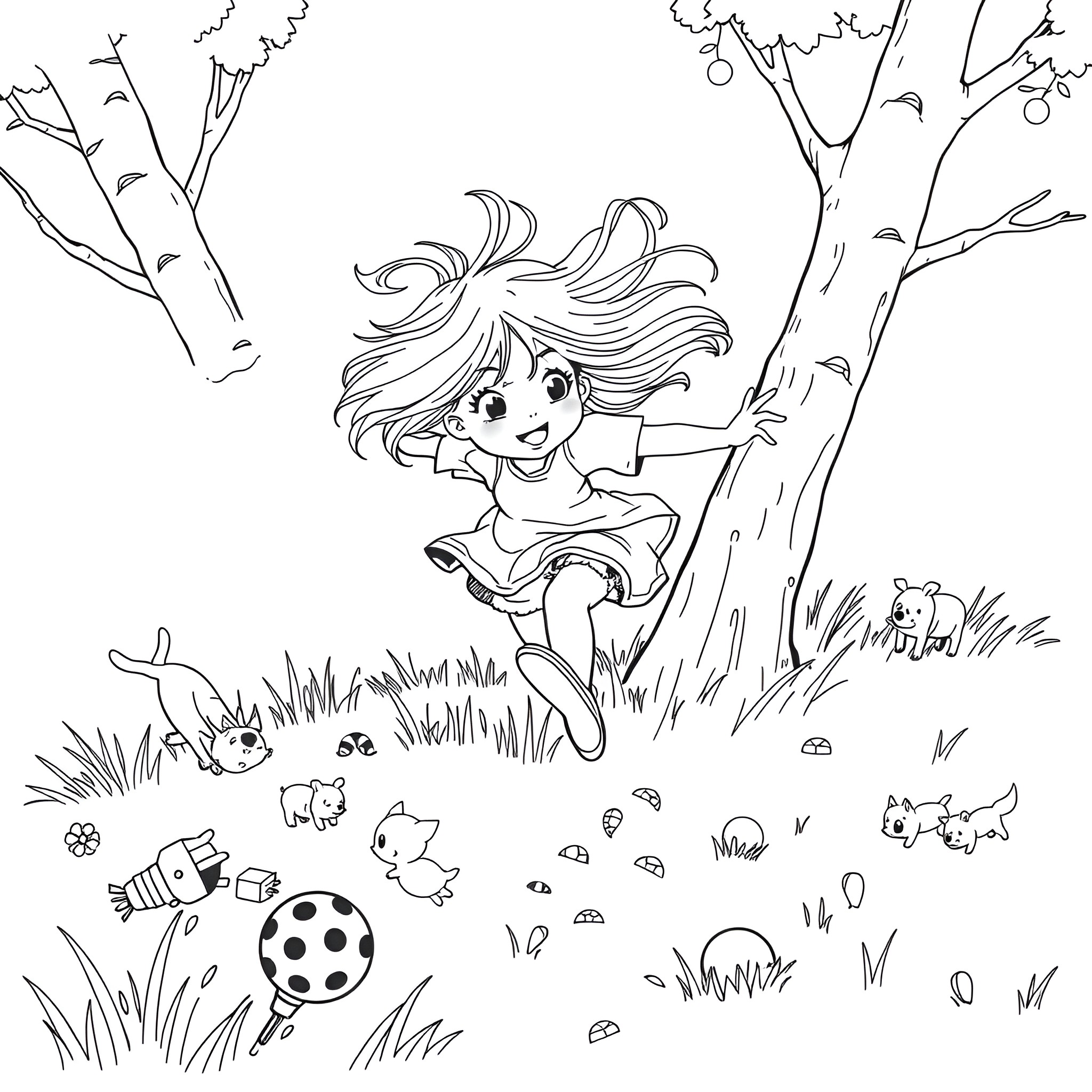 Bonnie Blue's Joyful Playtime in Nature Coloring Page (free black-and-white line drawing printable PDF for all, from beginners to advanced learners, including children, teens, adults, and seniors)