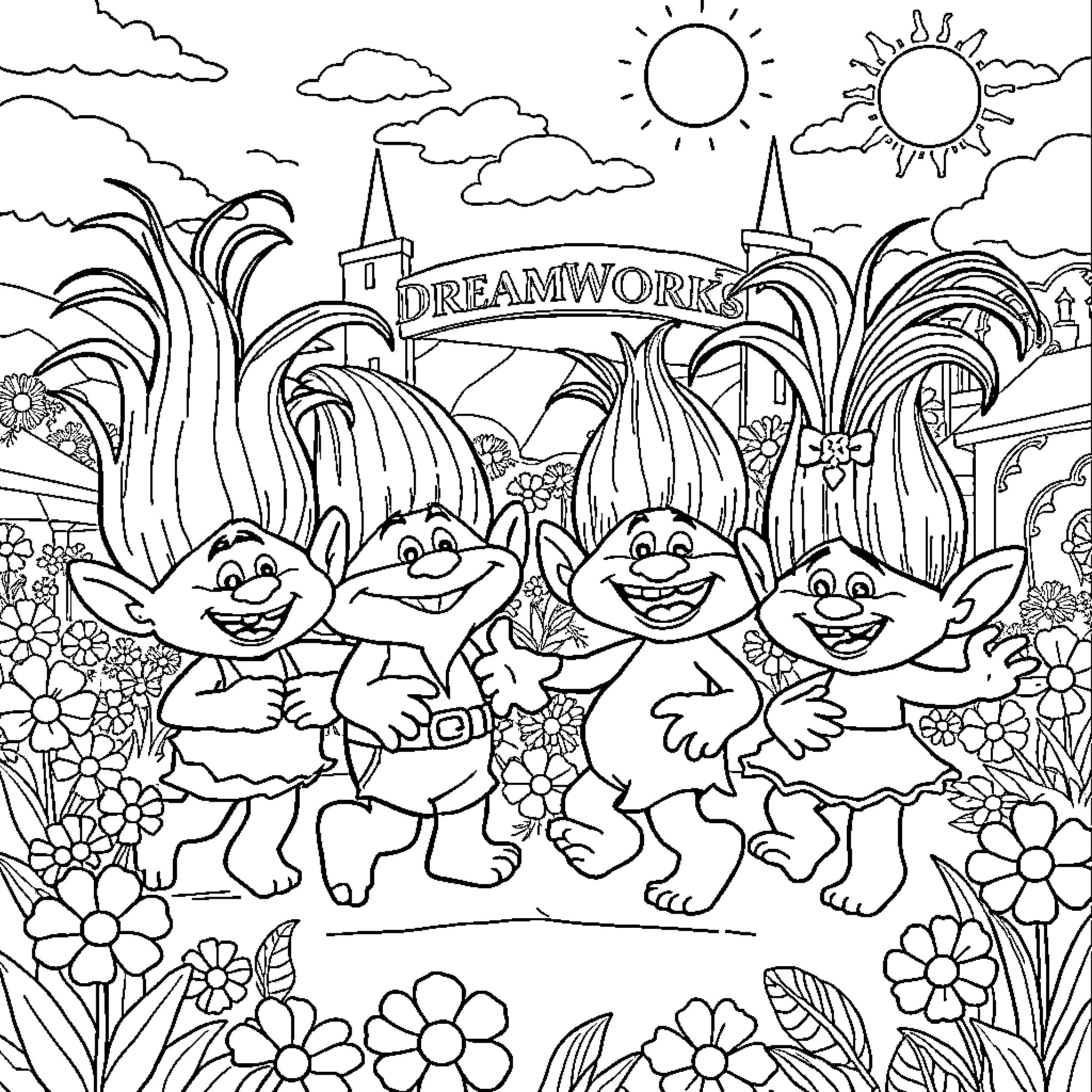 Troll characters dancing joyfully in magical forest Coloring Page (free black-and-white line drawing printable PDF for all, from beginners to advanced learners, including children, teens, adults, and seniors)