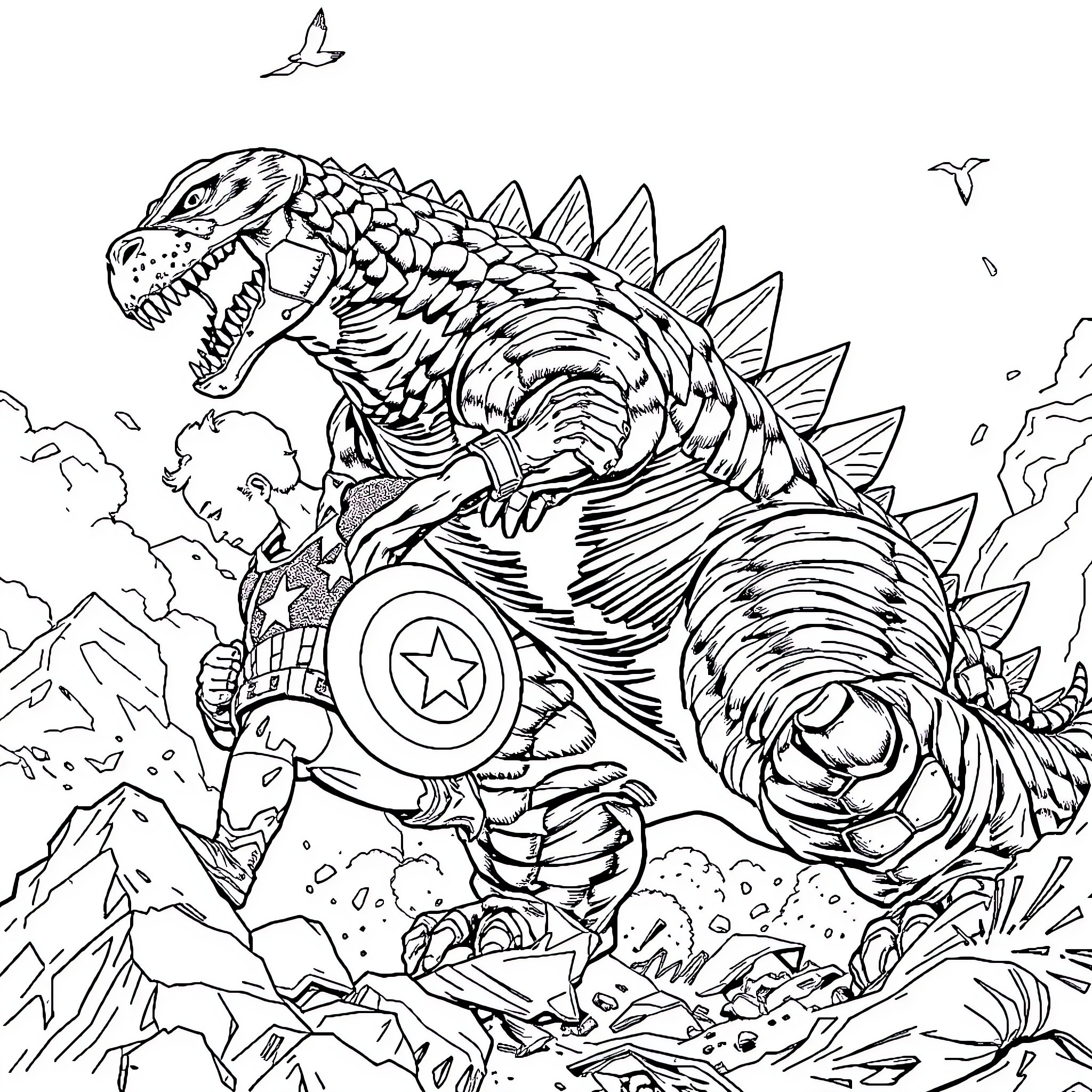Captain America Battling Monstrous Creature in Rugged Terrain Coloring Page (free black-and-white line drawing printable PDF for all, from beginners to advanced learners, including children, teens, adults, and seniors)