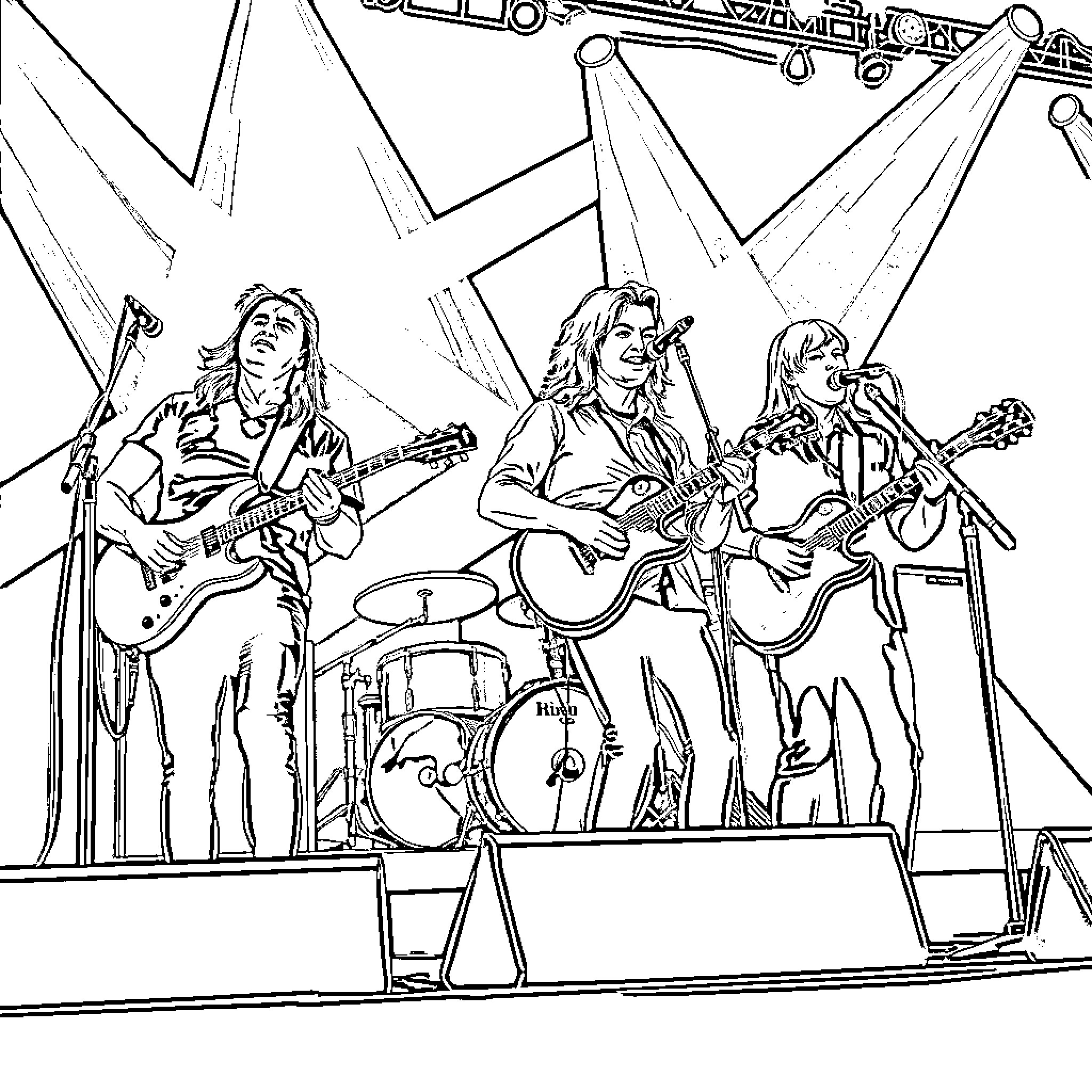 North Atlas Music Band Performing on Stage Coloring Page (free black-and-white line drawing printable PDF for all, from beginners to advanced learners, including children, teens, adults, and seniors)