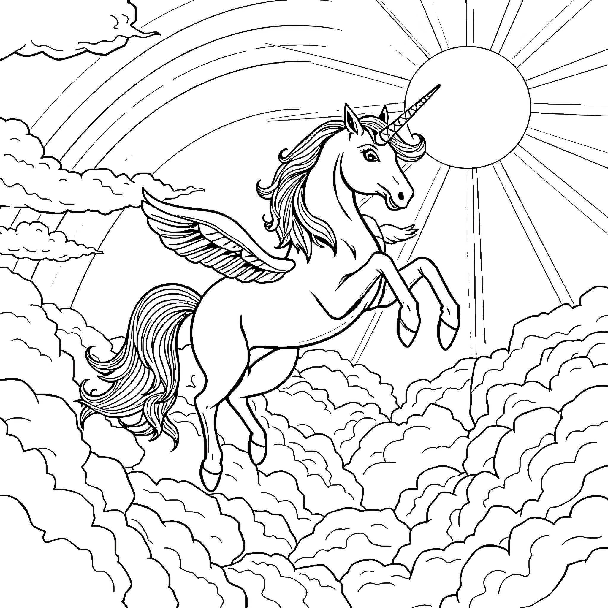Unicorn soaring through enchanted clouds under a shining sun Coloring Page (free black-and-white line drawing printable PDF for all, from beginners to advanced learners, including children, teens, adults, and seniors)