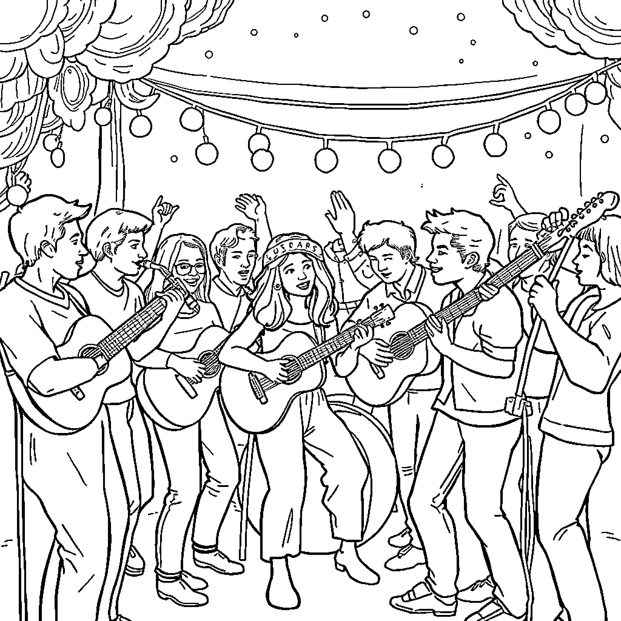 Music Group Performing Outdoors at Night Coloring Page (free black-and-white line drawing printable PDF for all, from beginners to advanced learners, including children, teens, adults, and seniors)