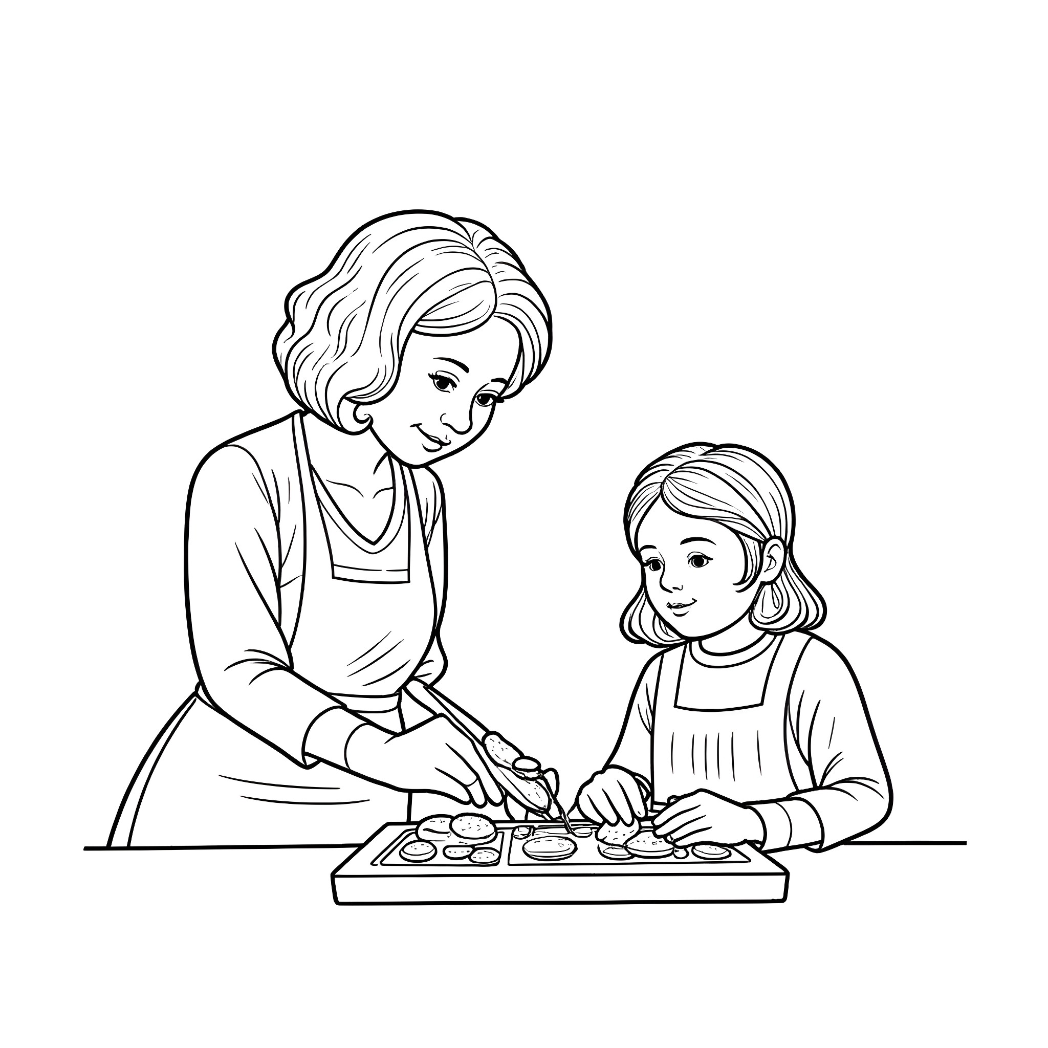 Grandma Baking with Granddaughter Coloring Page (free black-and-white line drawing printable PDF for all, from beginners to advanced learners, including children, teens, adults, and seniors)