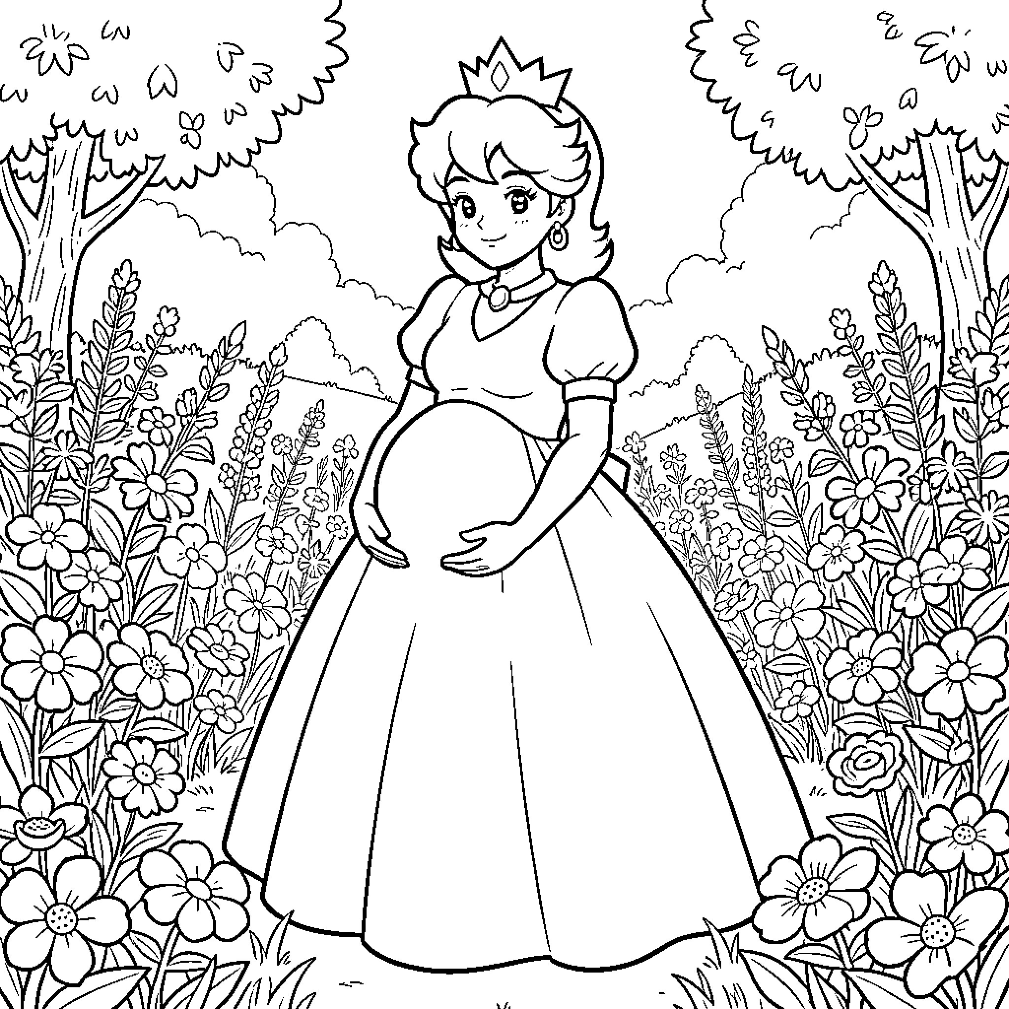 Princess Daisy in a garden with flowers Coloring Page (free black-and-white line drawing printable PDF for all, from beginners to advanced learners, including children, teens, adults, and seniors)