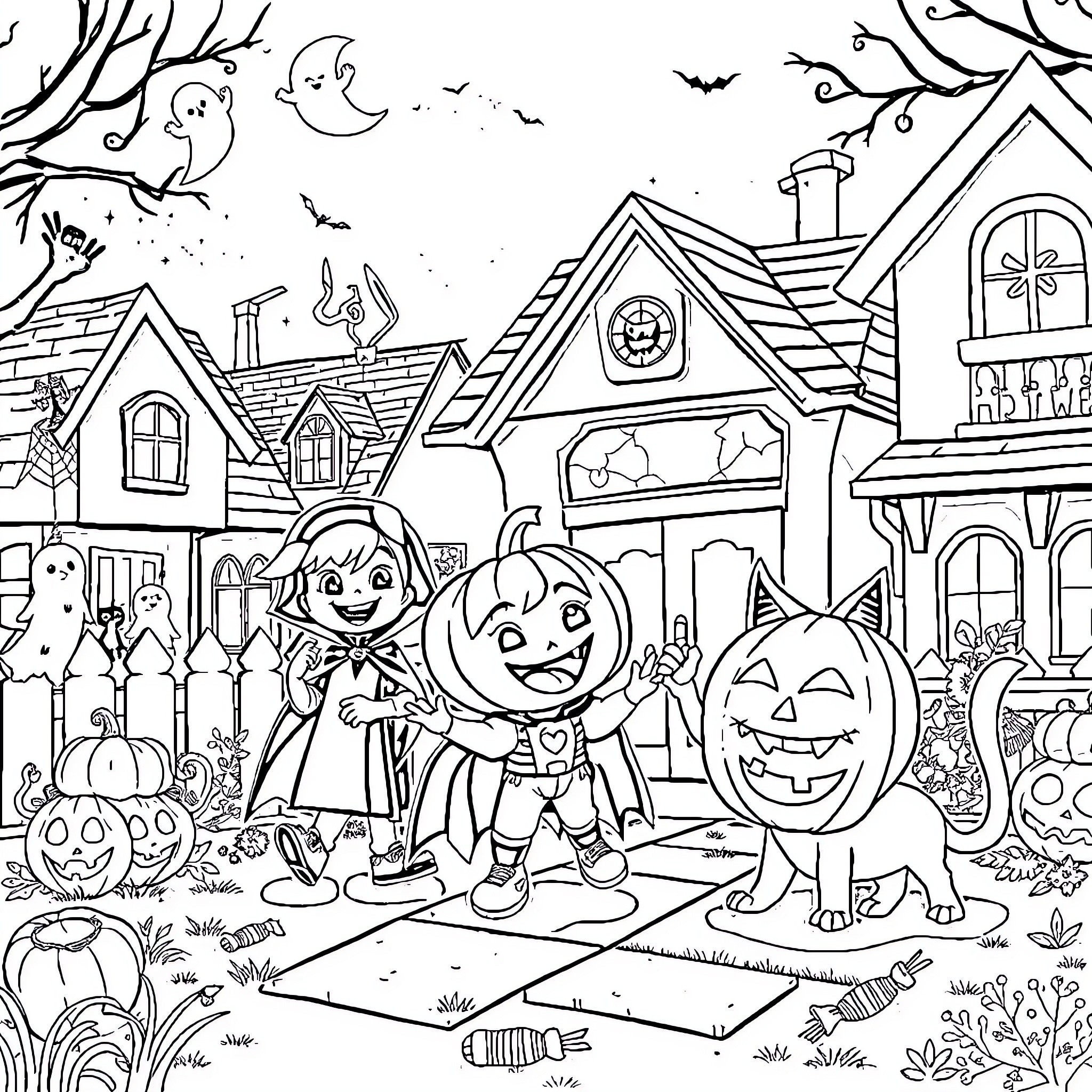 Halloween Trick-or-Treaters Exploring a Haunted Neighborhood Coloring Page (free black-and-white line drawing printable PDF for all, from beginners to advanced learners, including children, teens, adults, and seniors)