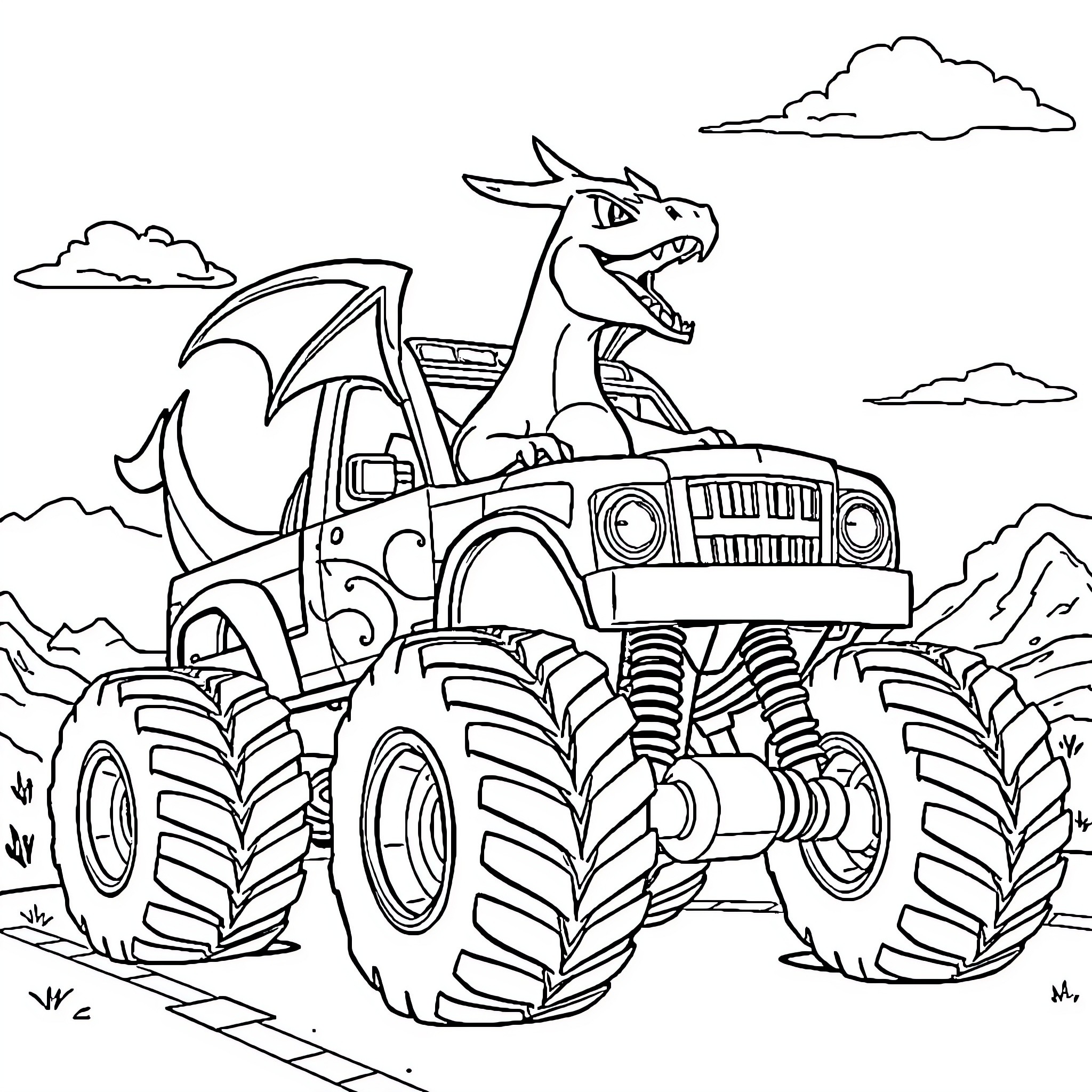 Charizard driving a monster truck through the countryside Coloring Page (free black-and-white line drawing printable PDF for all, from beginners to advanced learners, including children, teens, adults, and seniors)