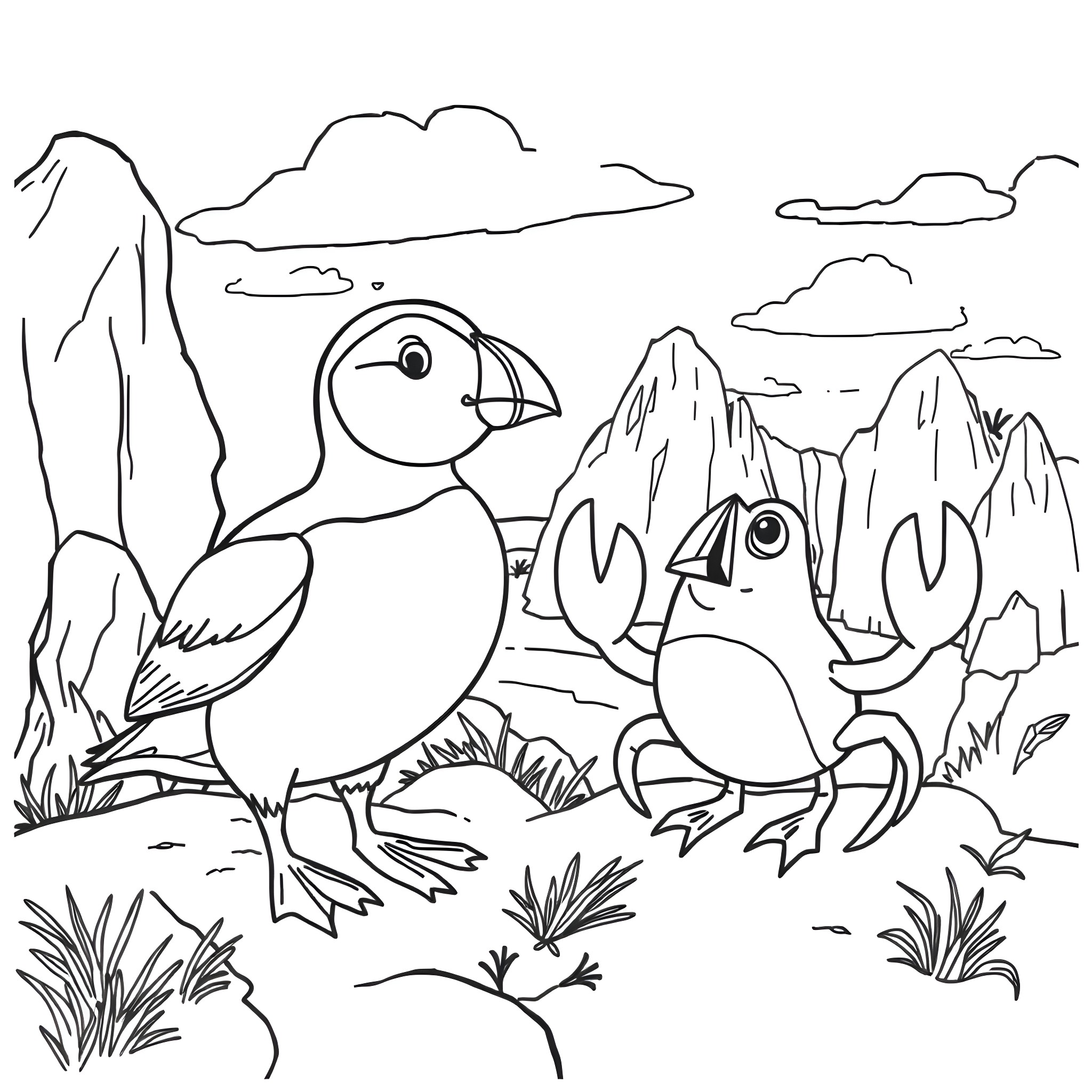 Puffin Pair Exploring the Cliffs Coloring Page (free black-and-white line drawing printable PDF for all, from beginners to advanced learners, including children, teens, adults, and seniors)