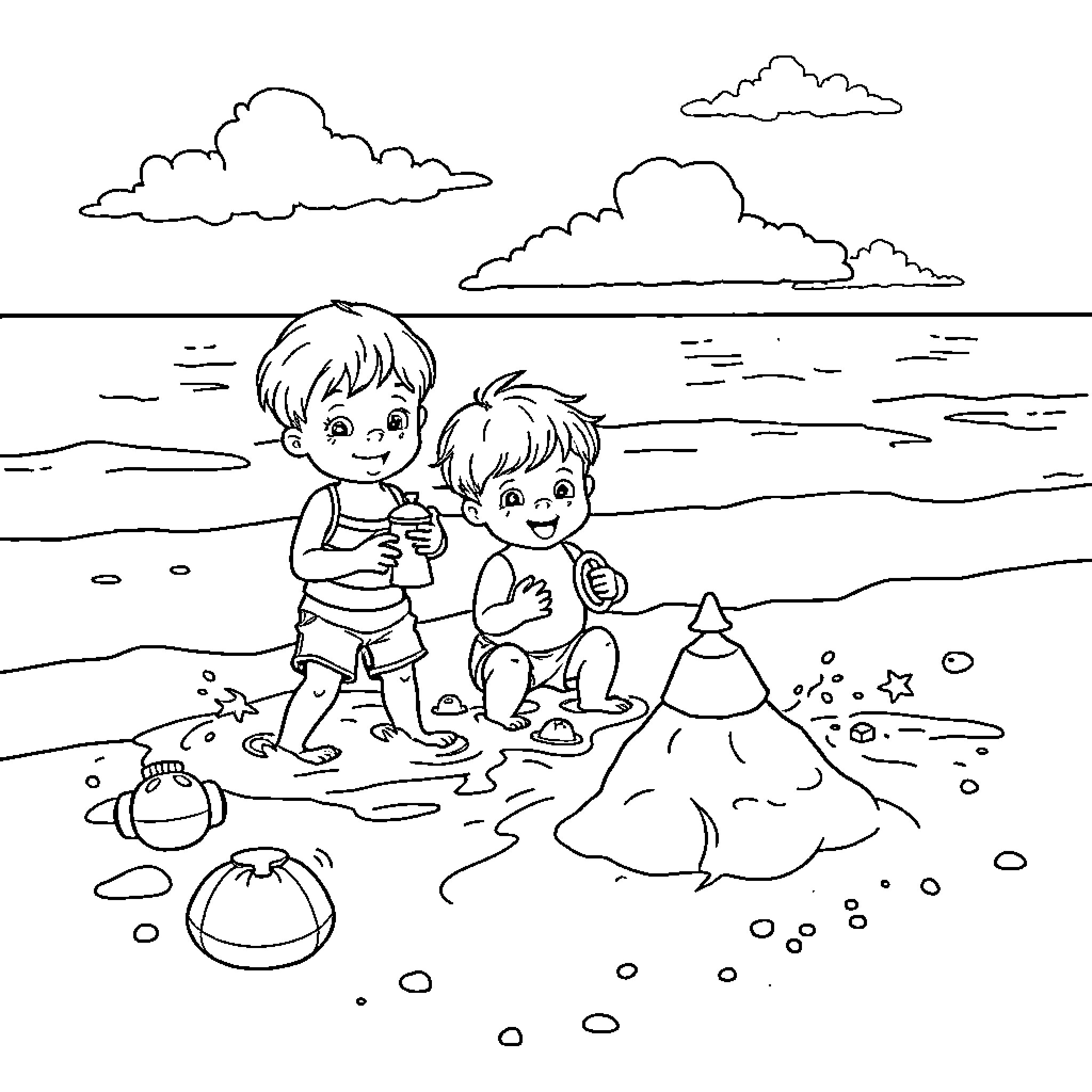 Child playing at the beach with toys Coloring Page (free black-and-white line drawing printable PDF for all, from beginners to advanced learners, including children, teens, adults, and seniors)
