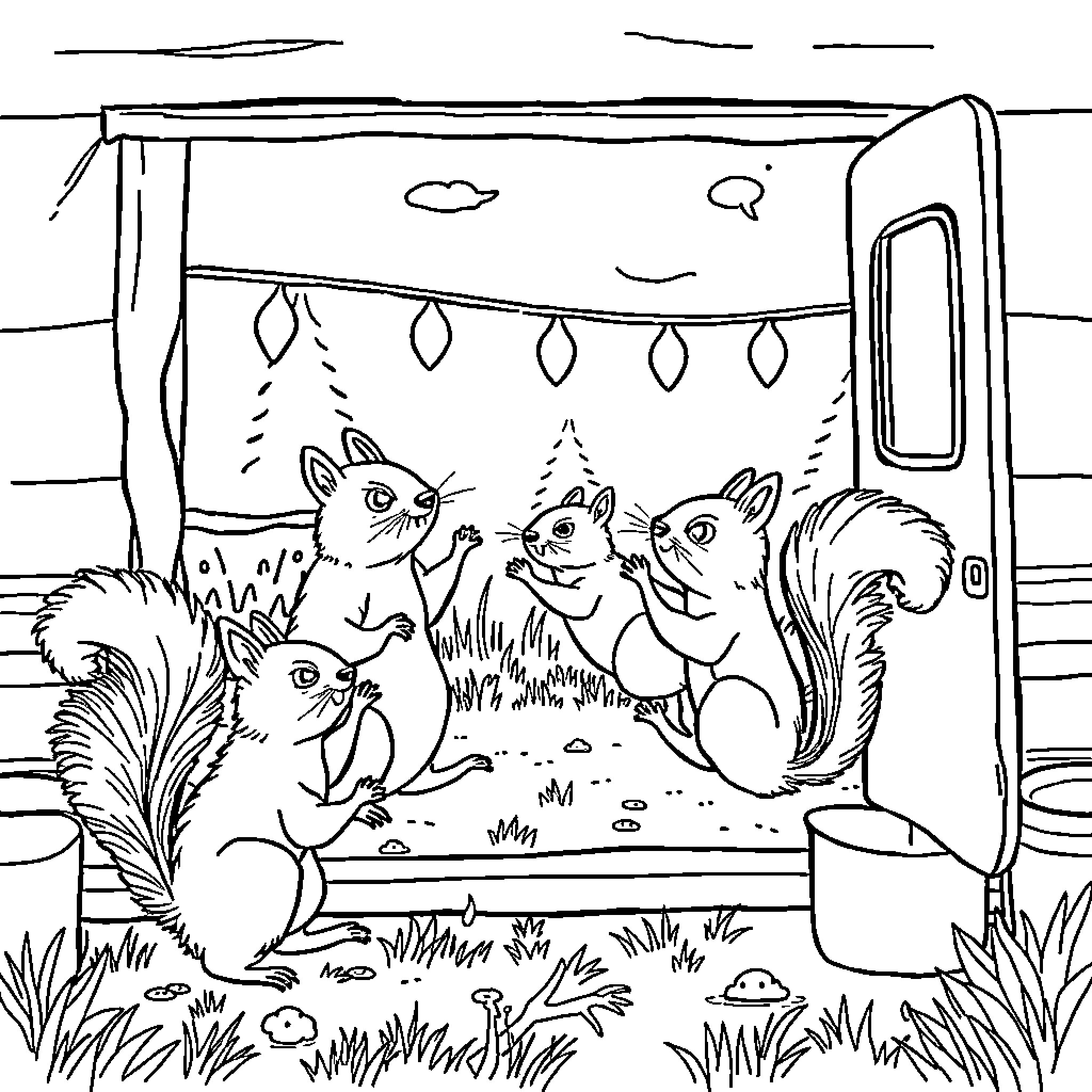 Squirrels Enjoying a Festive Outdoor Scene Coloring Page (free black-and-white line drawing printable PDF for all, from beginners to advanced learners, including children, teens, adults, and seniors)