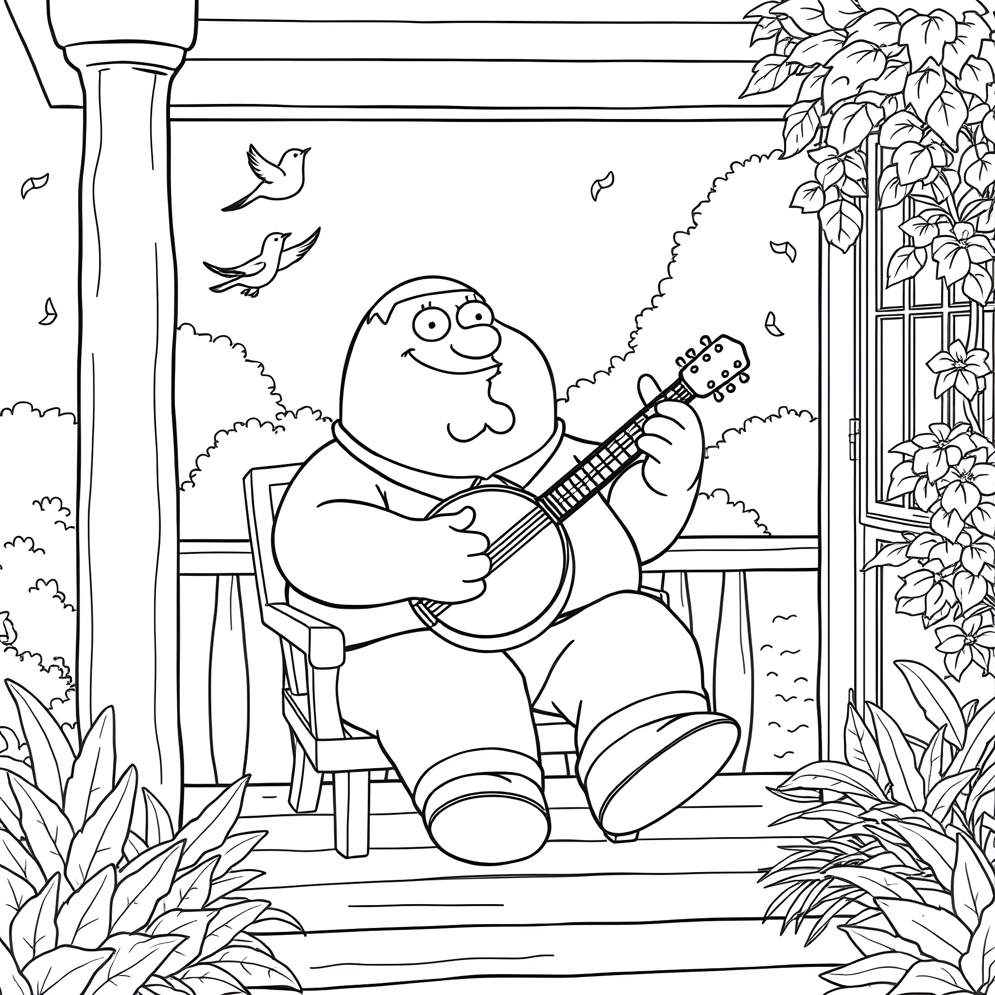 Peter Griffin playing guitar on the porch Coloring Page (free black-and-white line drawing printable PDF for all, from beginners to advanced learners, including children, teens, adults, and seniors)