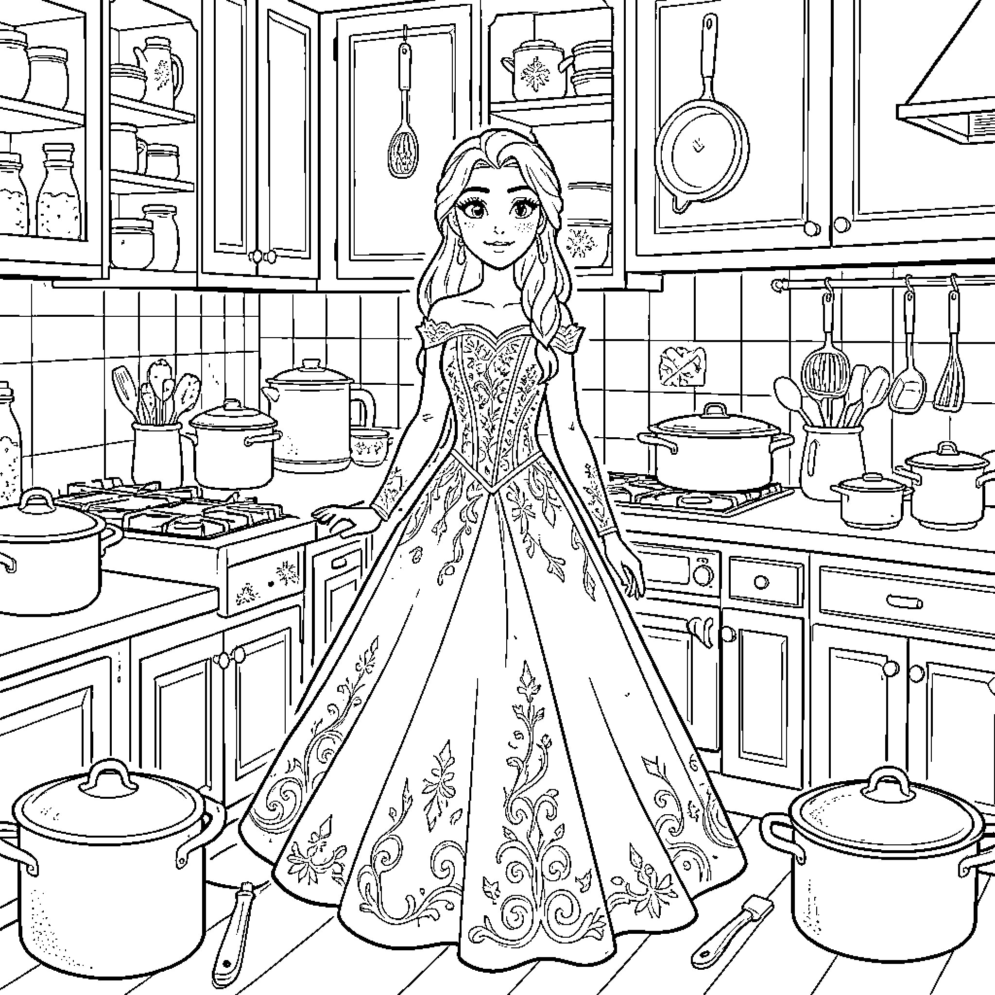 Snow Queen standing gracefully in a detailed kitchen Coloring Page (free black-and-white line drawing printable PDF for all, from beginners to advanced learners, including children, teens, adults, and seniors)