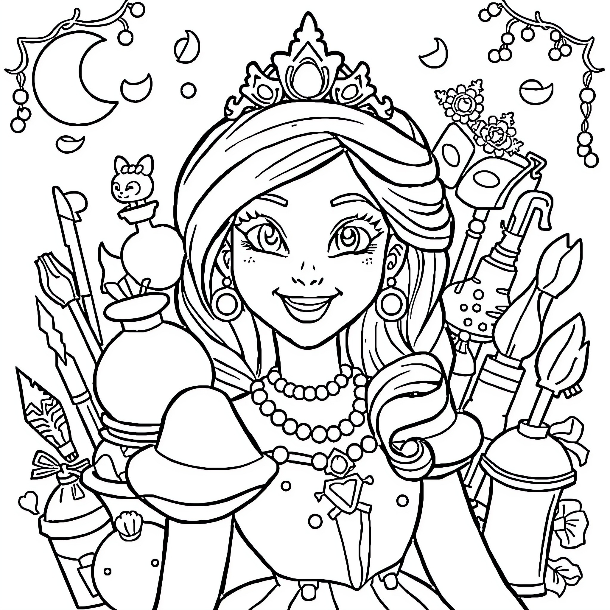 Princesse's Enchanting Celebration Coloring Page (free black-and-white line drawing printable PDF for all, from beginners to advanced learners, including children, teens, adults, and seniors)