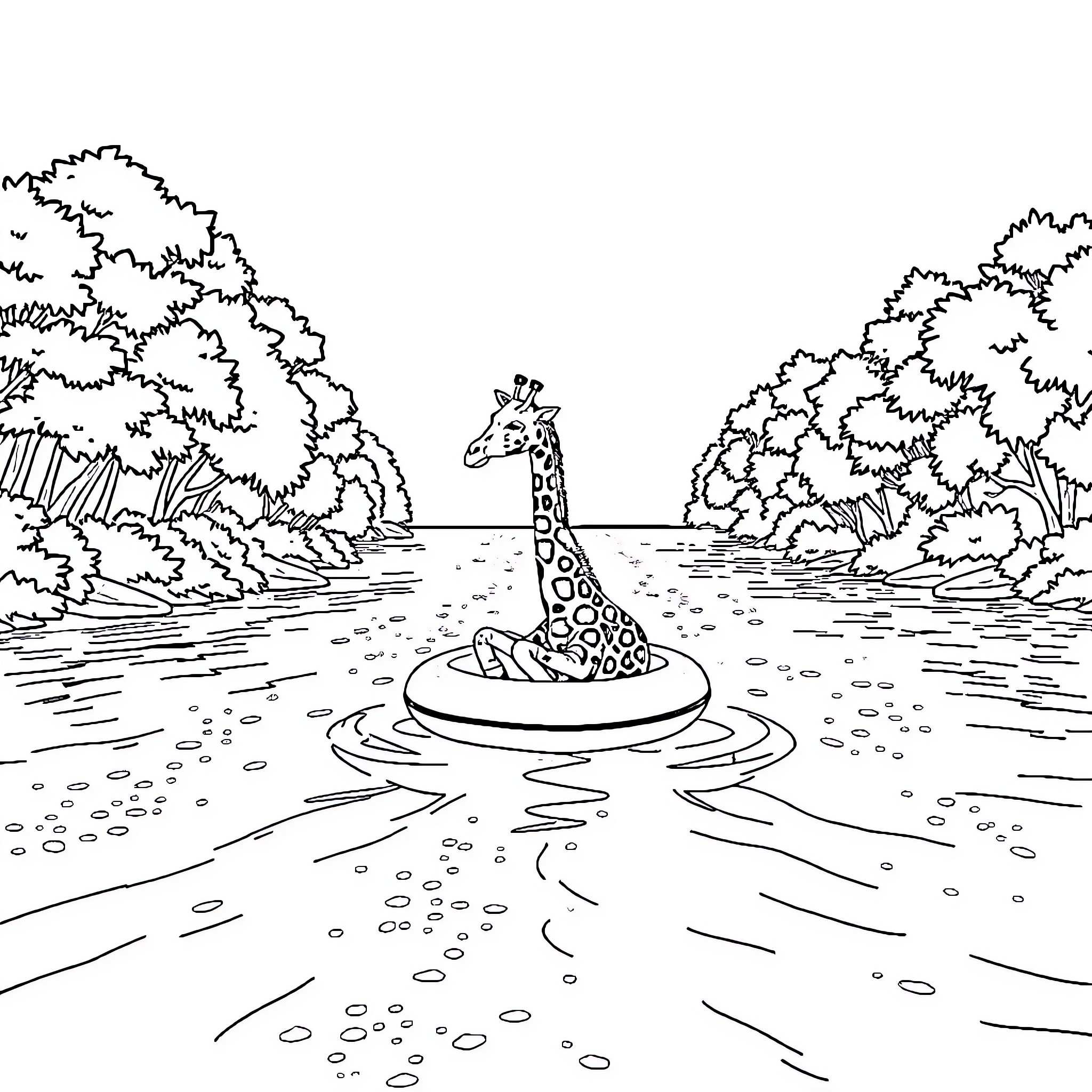 Giraffe swimming in the lake surrounded by trees Coloring Page (free black-and-white line drawing printable PDF for all, from beginners to advanced learners, including children, teens, adults, and seniors)