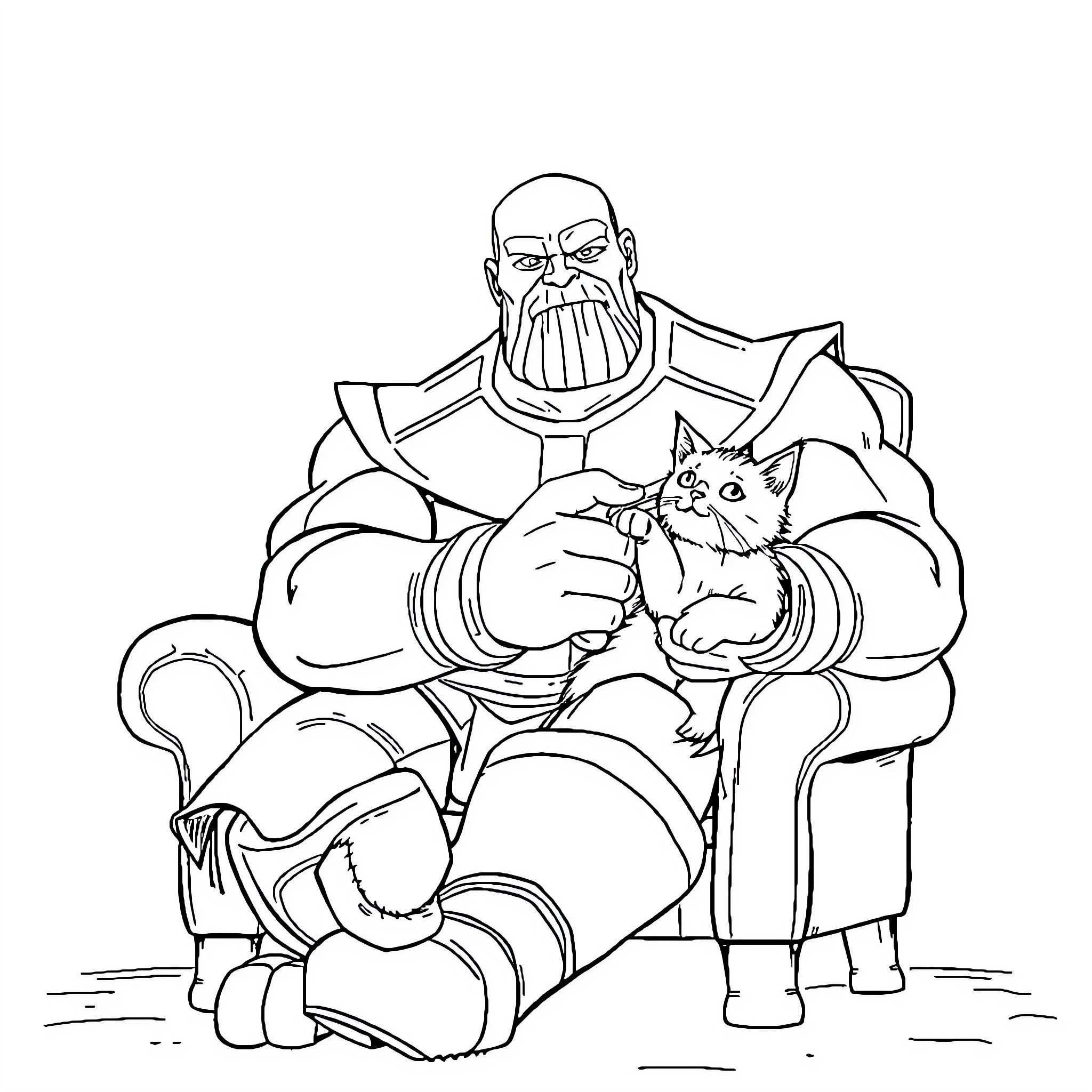 Thanos petting a cat in contemplation Coloring Page (free black-and-white line drawing printable PDF for all, from beginners to advanced learners, including children, teens, adults, and seniors)