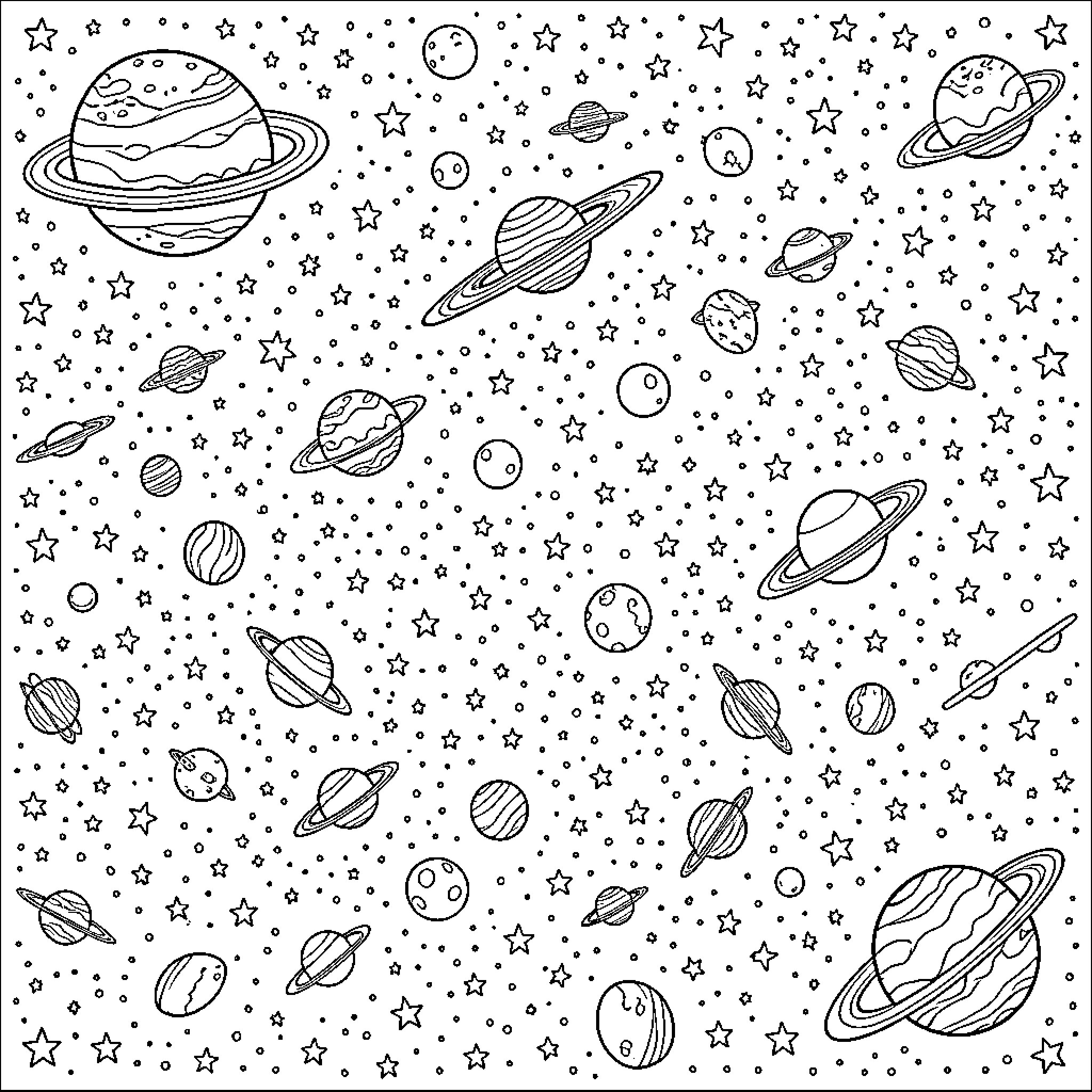 Cosmos featuring various planets floating through a starry space Coloring Page (free black-and-white line drawing printable PDF for all, from beginners to advanced learners, including children, teens, adults, and seniors)