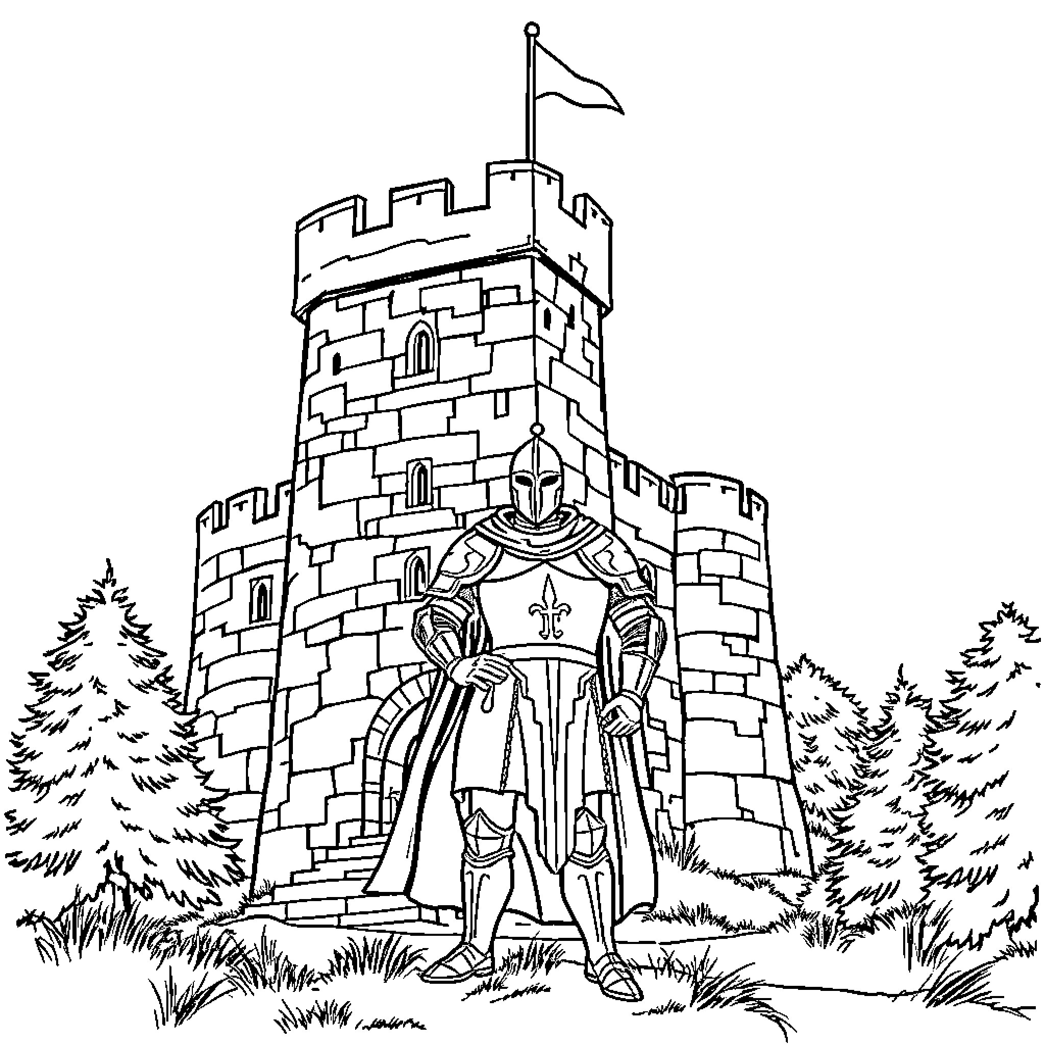 Knight guarding the castle on a hilltop Coloring Page (free black-and-white line drawing printable PDF for all, from beginners to advanced learners, including children, teens, adults, and seniors)