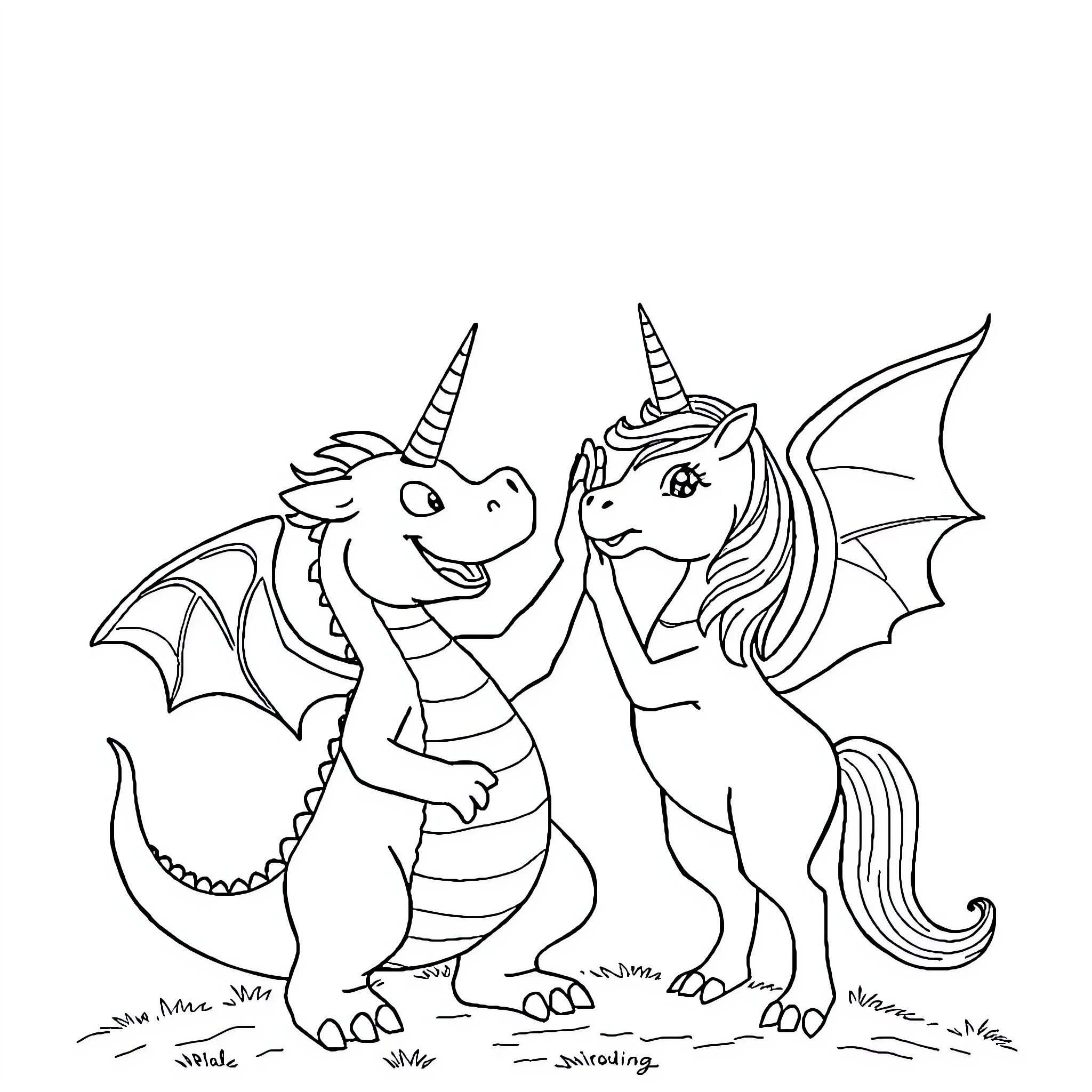 Dragon friends playing together in the meadow Coloring Page (free black-and-white line drawing printable PDF for all, from beginners to advanced learners, including children, teens, adults, and seniors)