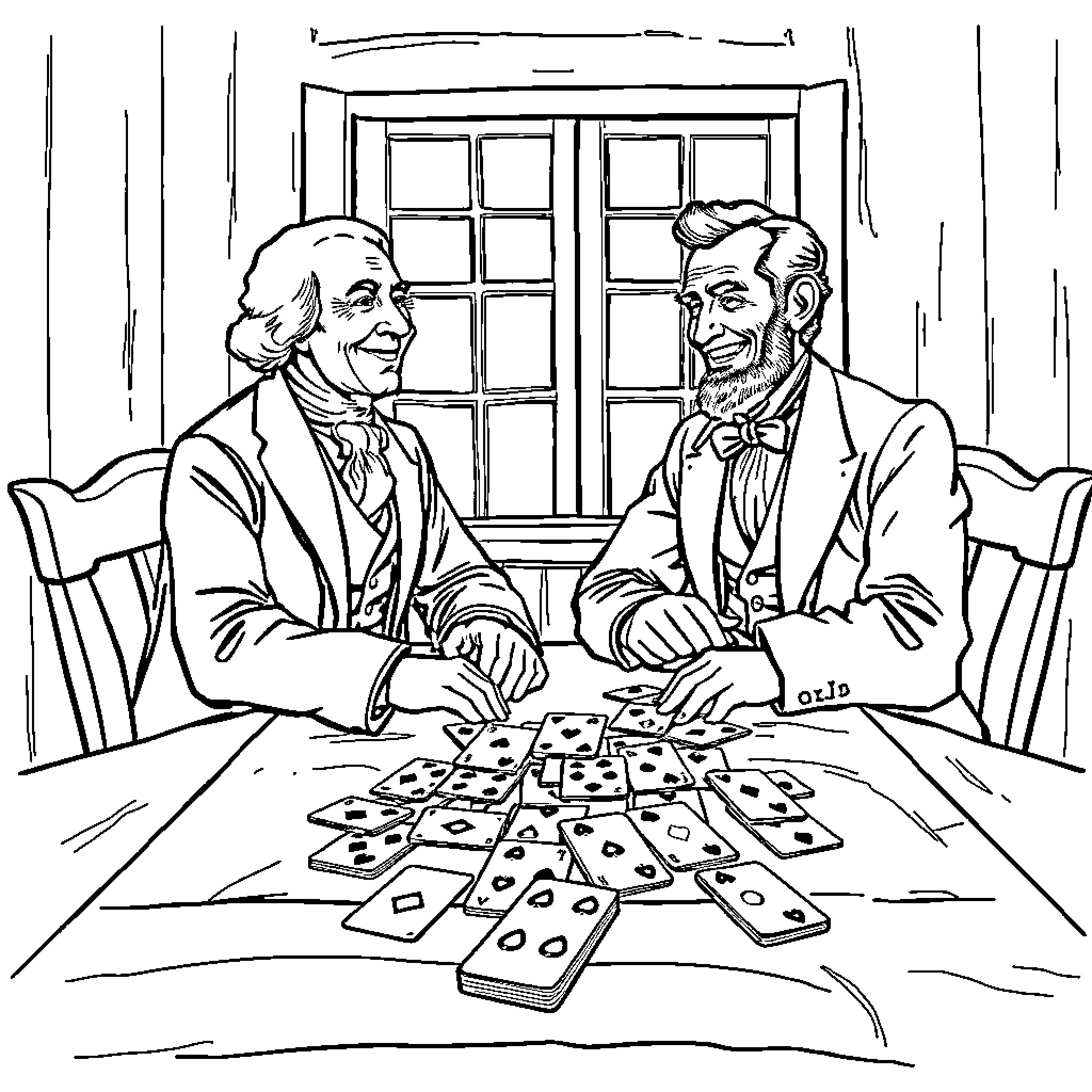 George Washington and Abraham Lincoln Playing Cards Coloring Page (free black-and-white line drawing printable PDF for all, from beginners to advanced learners, including children, teens, adults, and seniors)